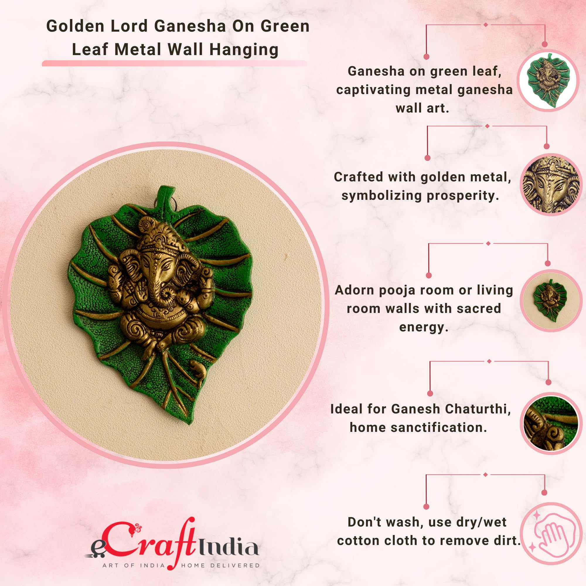 eCraftIndia Metal Brown Lord Ganesha Idol On Green Leaf Ganesha Wall Hanging Decorative Showpiece for Wall Decor- Diwali Decoration Items for Home Decor- Gift for Diwali Ganesh Chaturthi Housewarming 3