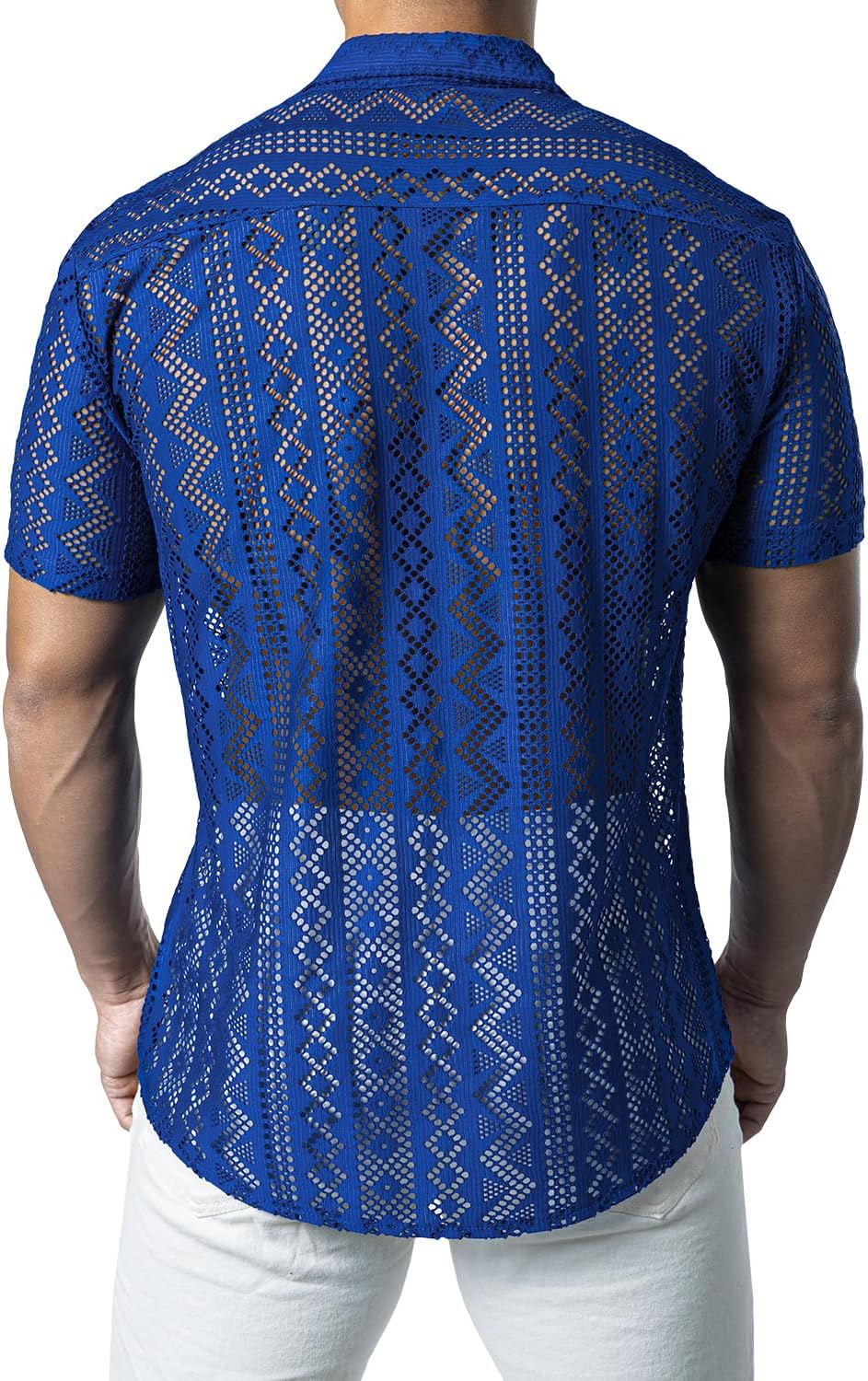 JOGAL Mens Floral Lace Shirt See Through Casual Button Down Shirts - Image 2