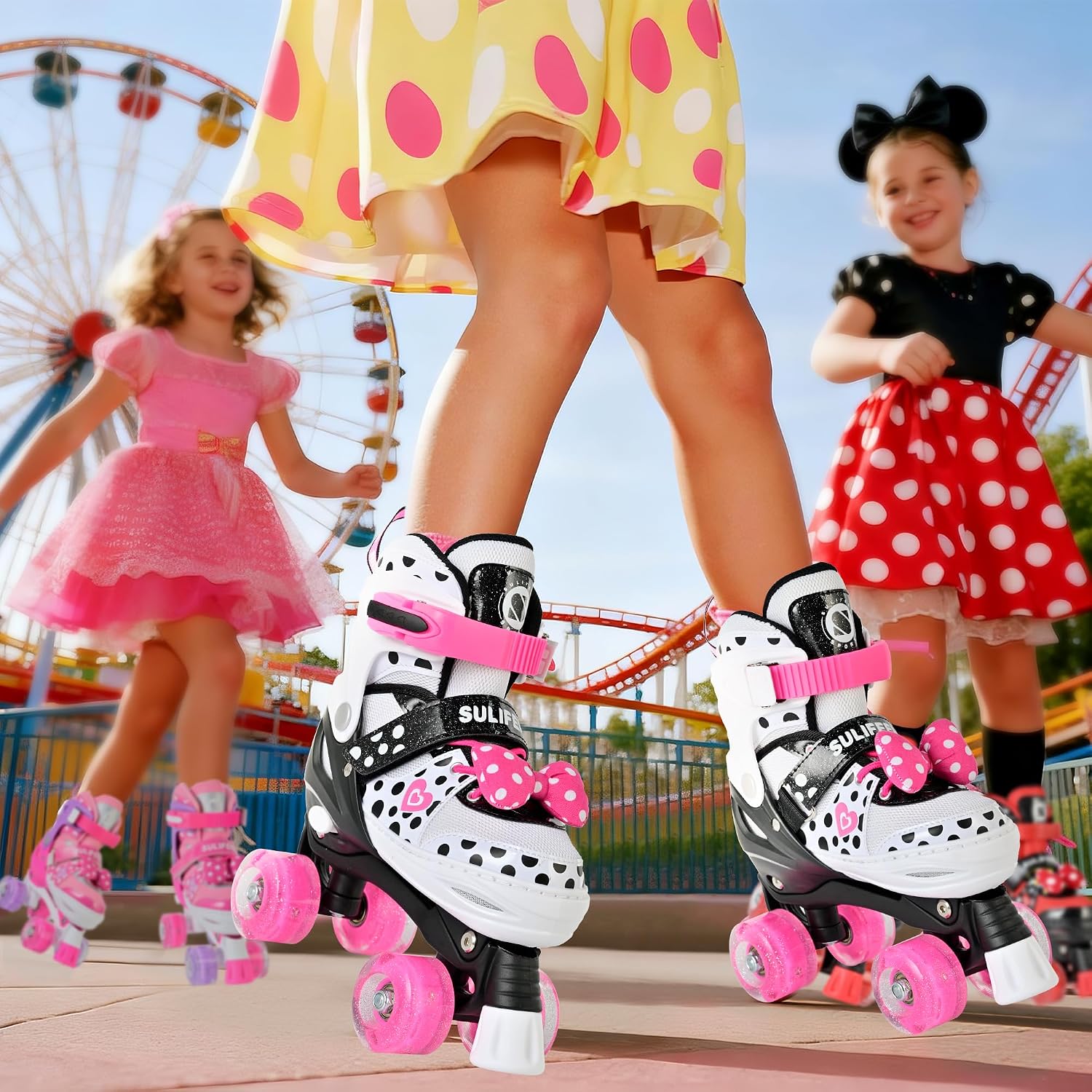 SULIFEEL Roller Skates for Girls Ages 3-12, 4 Sizes Adjustable Kids Quad Skates with Light up Wheels-Birthday Gift for Indoor Outdoor Sports