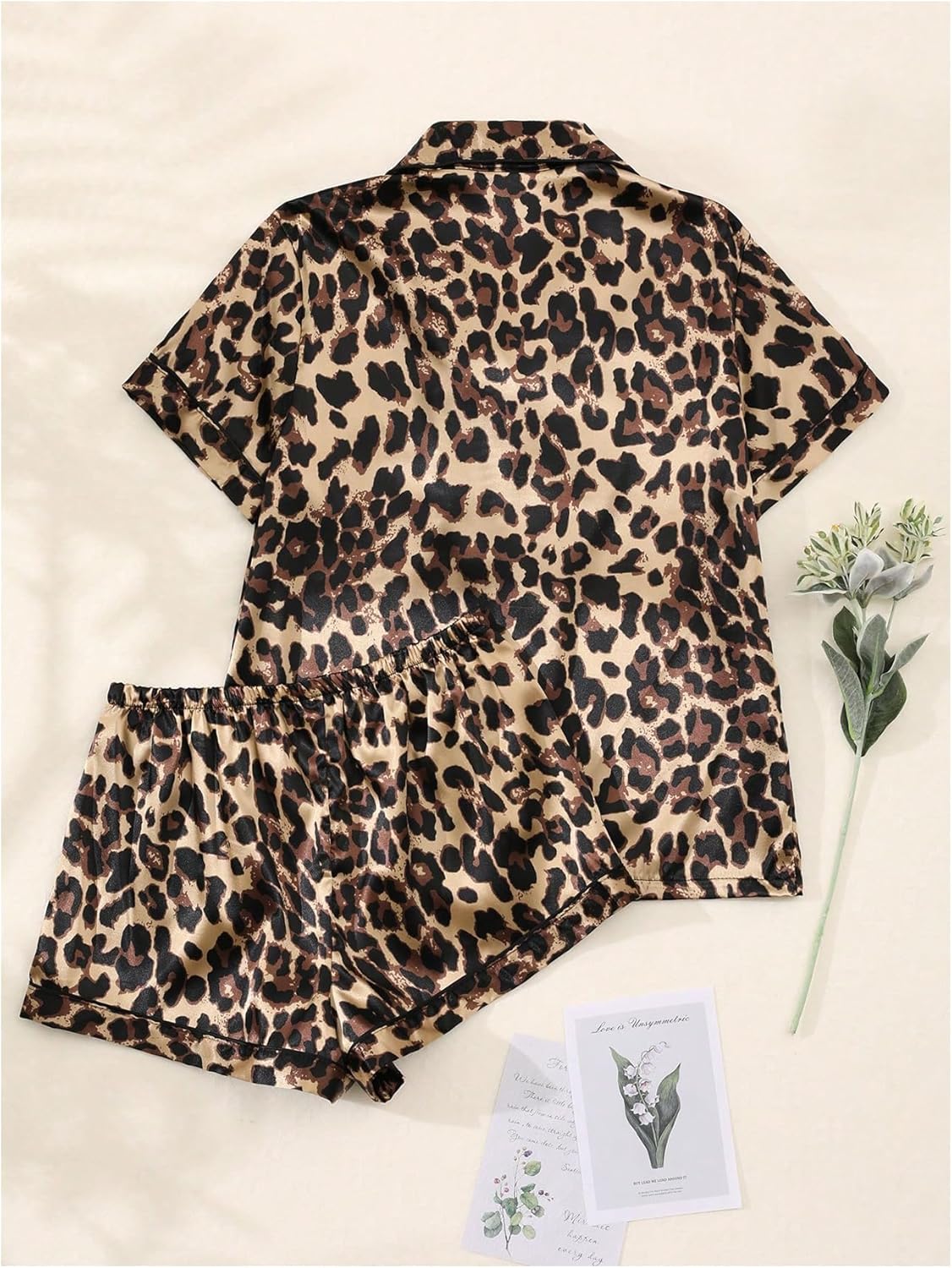 SHENHE Women's 2 Piece Satin Pajama Set Leopard Short Sleeve Button Down Pj Shorts Set - Image 2