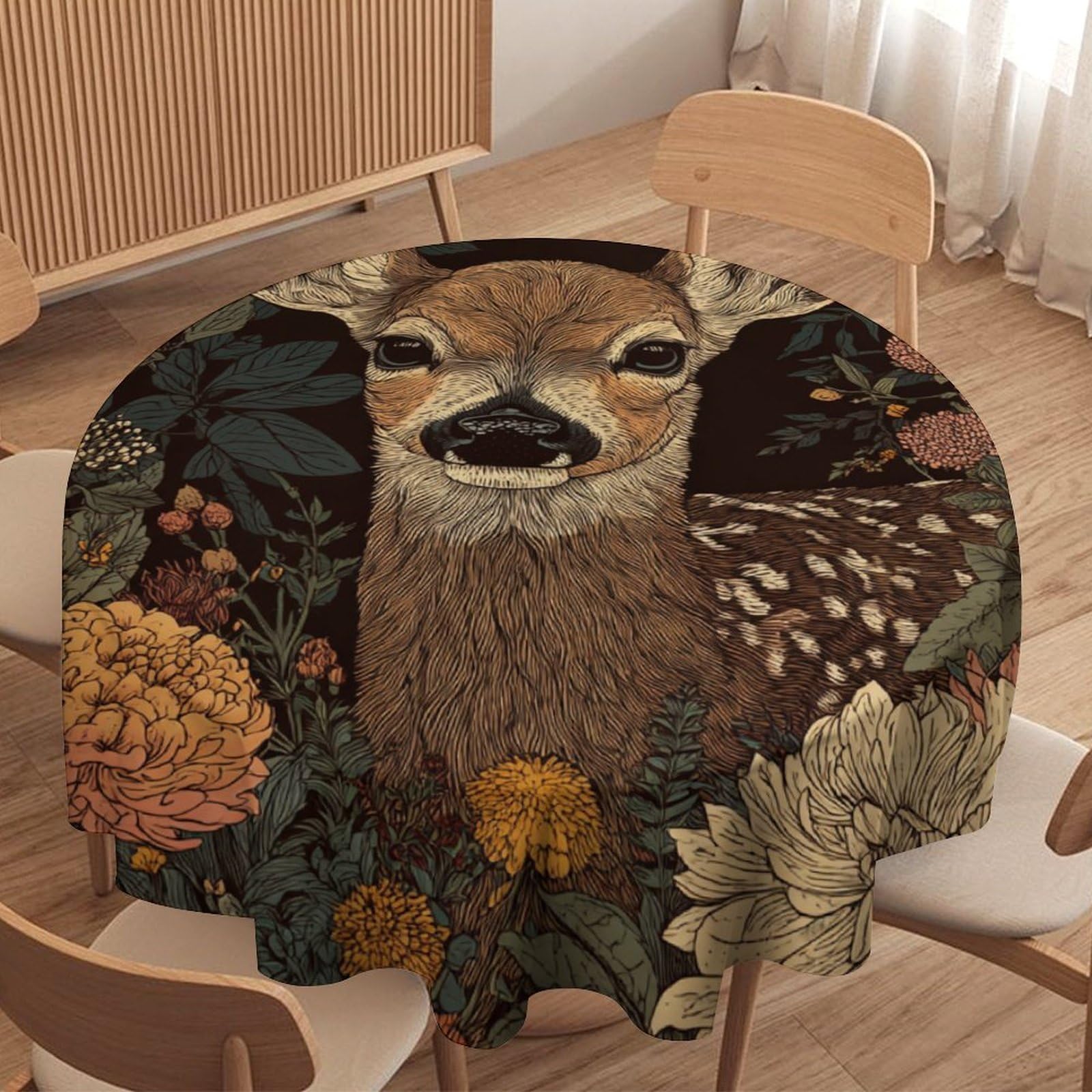 LUYYSKY Classic Beautiful Cute Deer Round Tablecloth Retro Watercolor William Morris Botanical Floral Animal Elk Washable Decor for Table Cover for Kitchen-177.8" Wx177.8 L cm