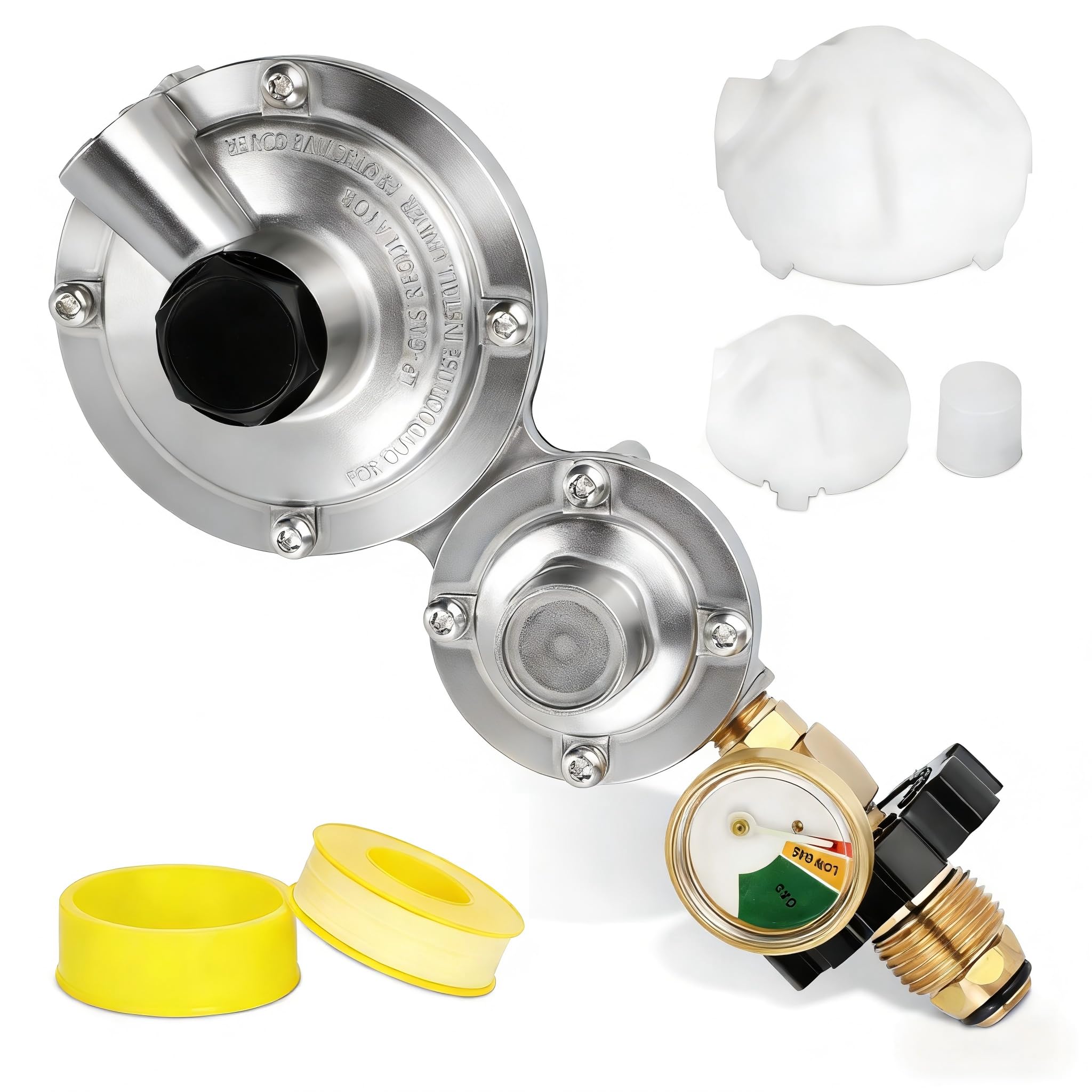 Feikeer Pionowy 2-stopniowy regulator propanu z POL i miernikiem, dwustopniowy regulator propanu, standardowe złącze NPT, dwustopniowy regulator do zbiornika 9-45 kg, grill gazowy, kampera, grzejnik