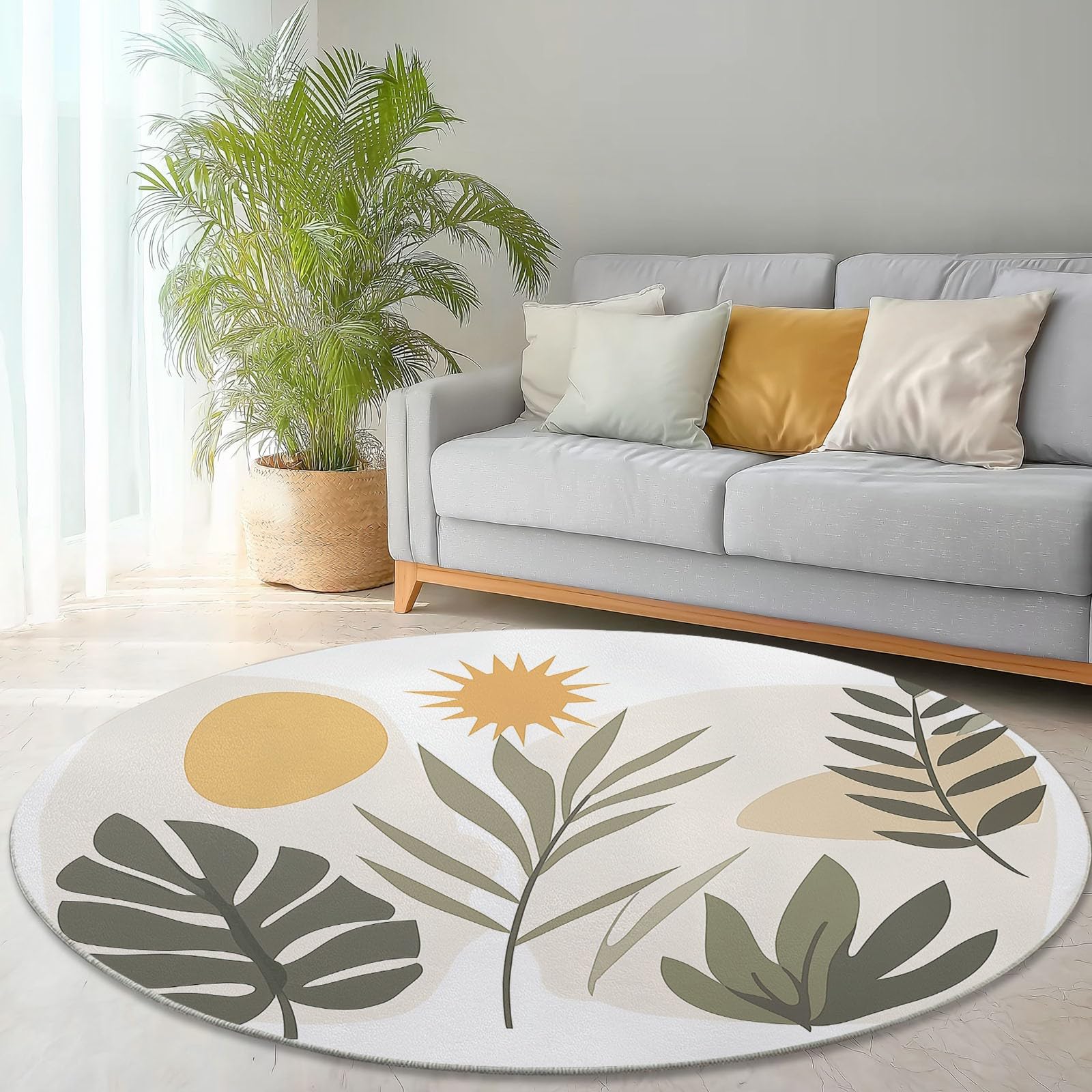 Genérico Alfombra Redonda 150 cm Alfombra Infantil Lavable Antideslizante para la habitación del bebé Plantas Bohemias Sencillas para Sala de Juegos, Verde