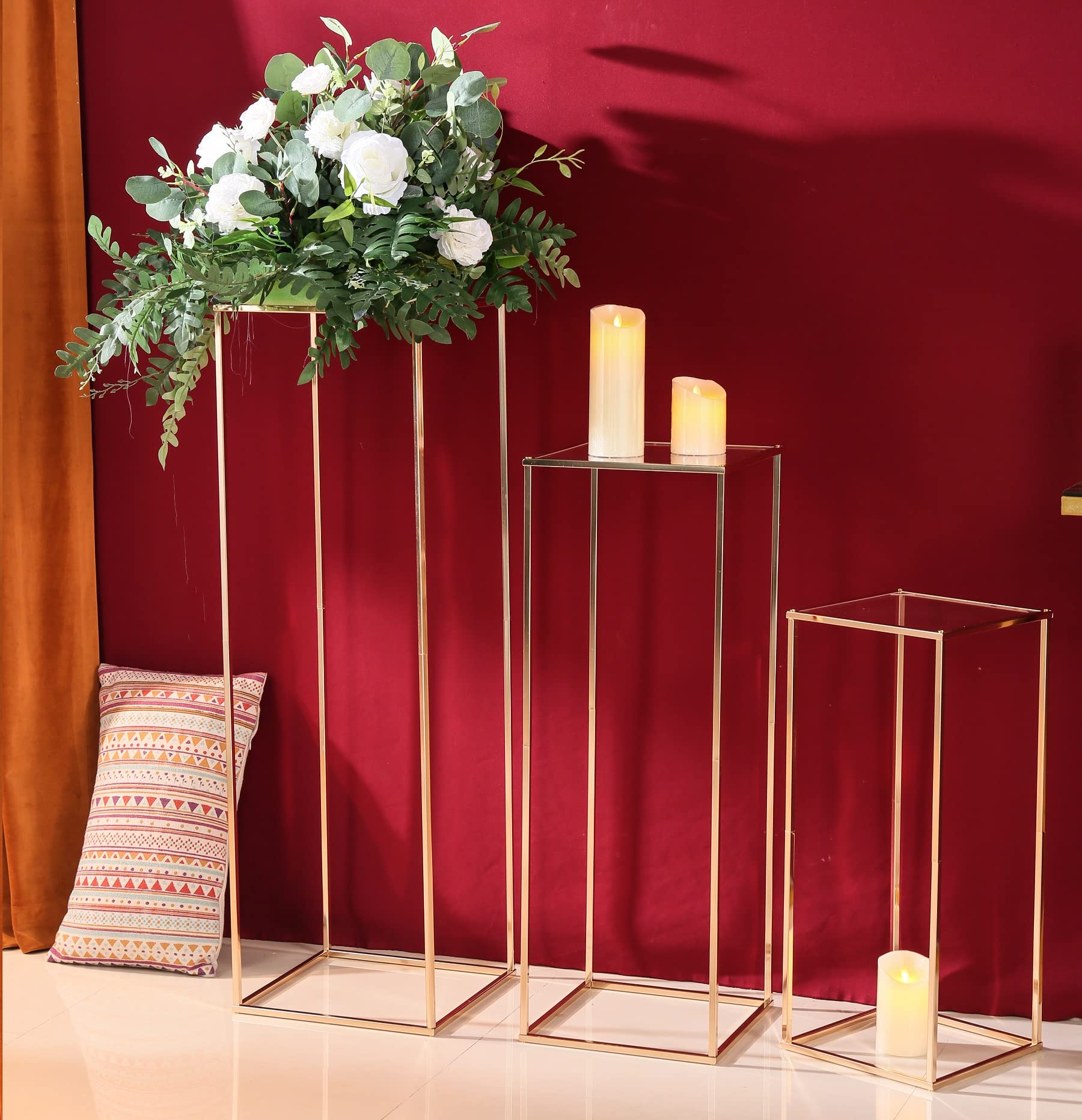 Cylinder Pedestal Stand for Parties - Gold Vases for Centerpieces Wedding with Acrylic Panel - 3pcs Geometric Metal Centerpieces Table Flower Stand Decoration, 23.6/31.5/39.3 inch Tall