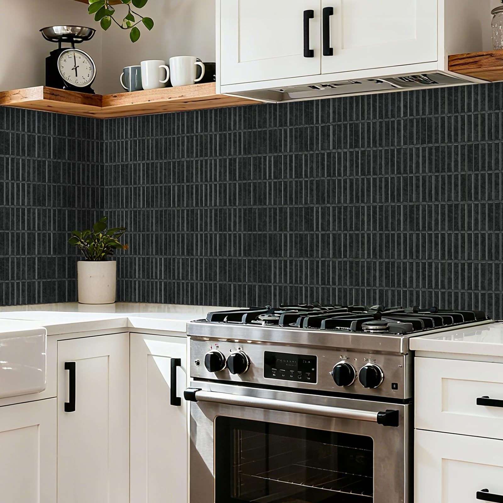 Stick on Kitchen Tiles 17x23 cm Black Brick Peel and Wall Waterproof PVC for Fireplace Surround Furniture Decoration Tile Stickers Backsplash 10 Pcs