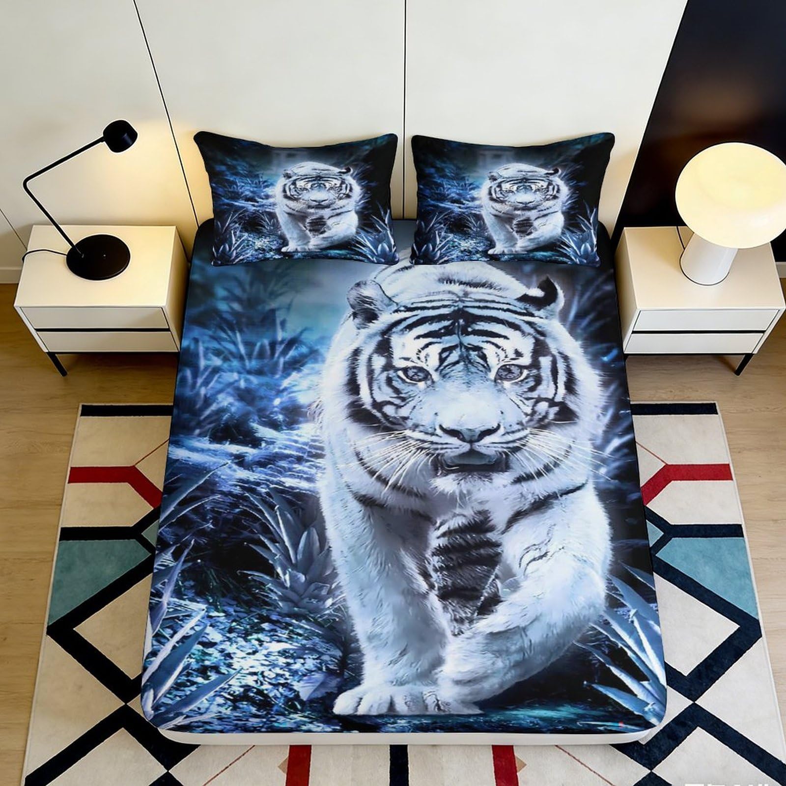 Pnayamiorkfel Style-2 3D Printed White Tiger Jungle Fitted Sheet Microfiber Soft Breathable Forest Bed Cover For Bedroom Guest Room Decor 90X200x25cm