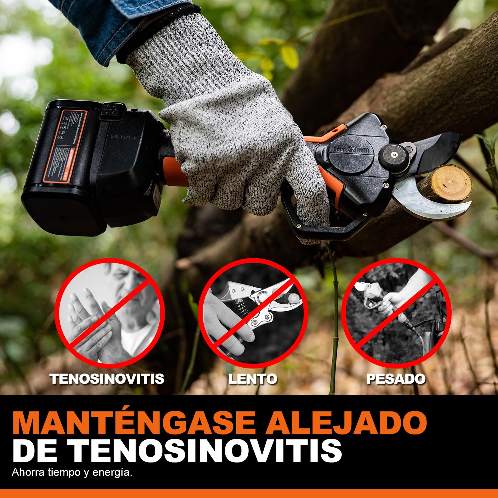 Kebtek Tijeras de Podar Electricas Bateria Profesional 33 mm, Cortadora de Ramas Inalámbrica, Motor Sin Escobillas (Li-Ion, 2000mAh 18V 2Ah, 1 batería y Cargador) (KT 933)