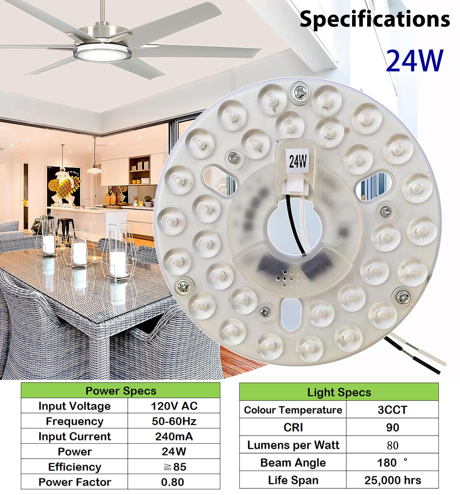 Kit de luz de ventilador de techo de 24 W, 5.3 pulgadas, repuesto de luz LED para panel de disco de motor para luz de techo empotrada, 3 CCT regulable 5