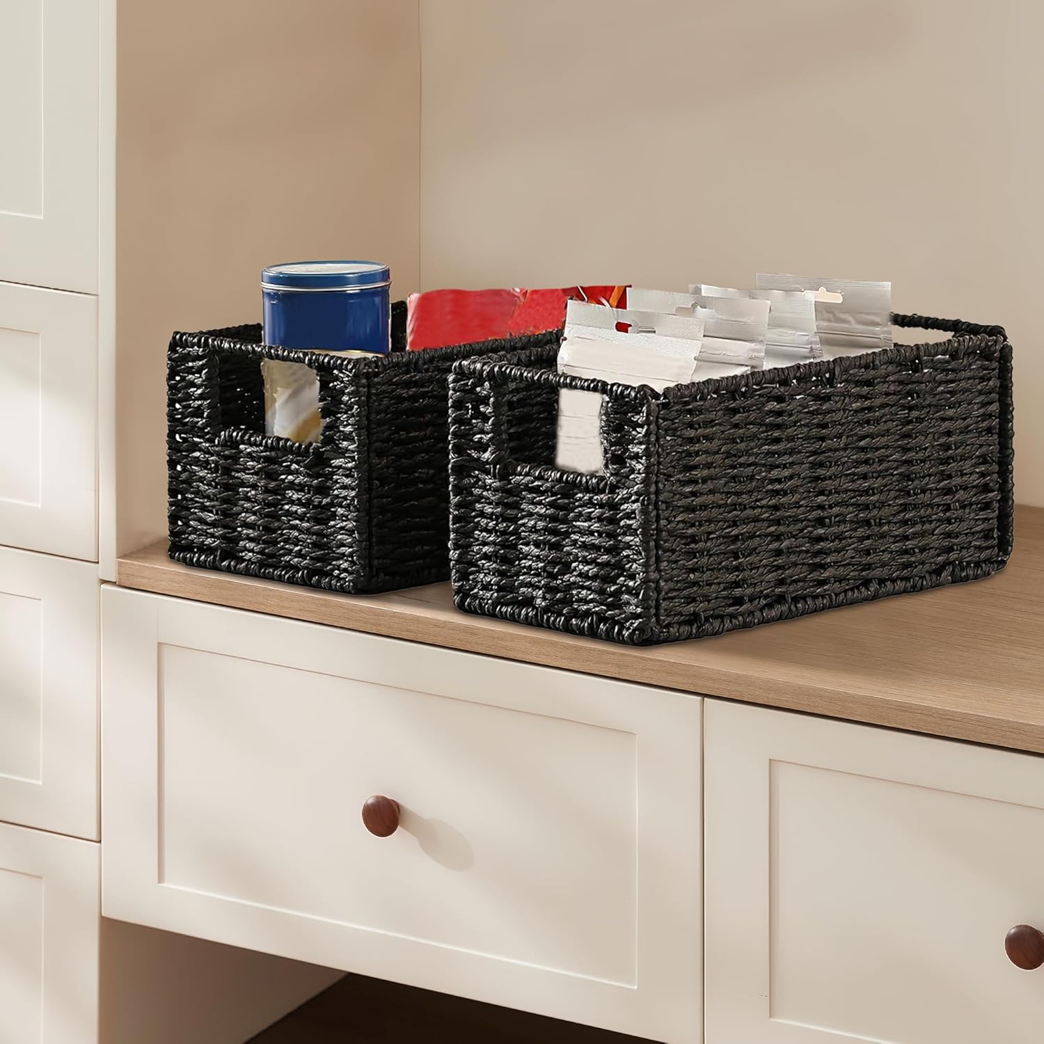 Garvee Hand-Woven Wicker Storage Basket Set of 4 - Natural Foldable Paper Rope Basket Organizer Bins for Shelves, Toilet Paper, Towels, Living Room & Home Decor