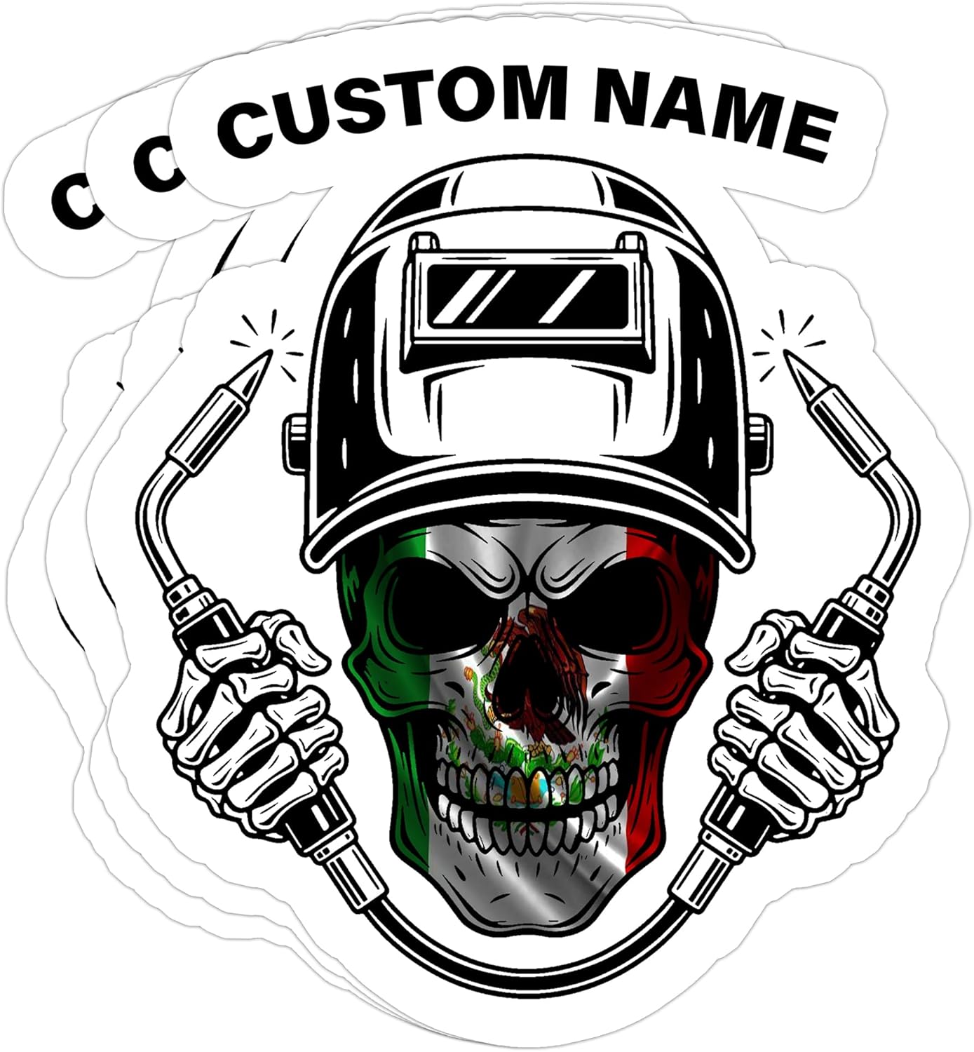(3Pcs) Personalized Mexican Welder Stickers - Mexican Flag Skull Decals, Hispanic Heritage Welder Art, Custom Name Vinyl for Welding Helmet, Hood, Toolbox, Truck 3”x4”