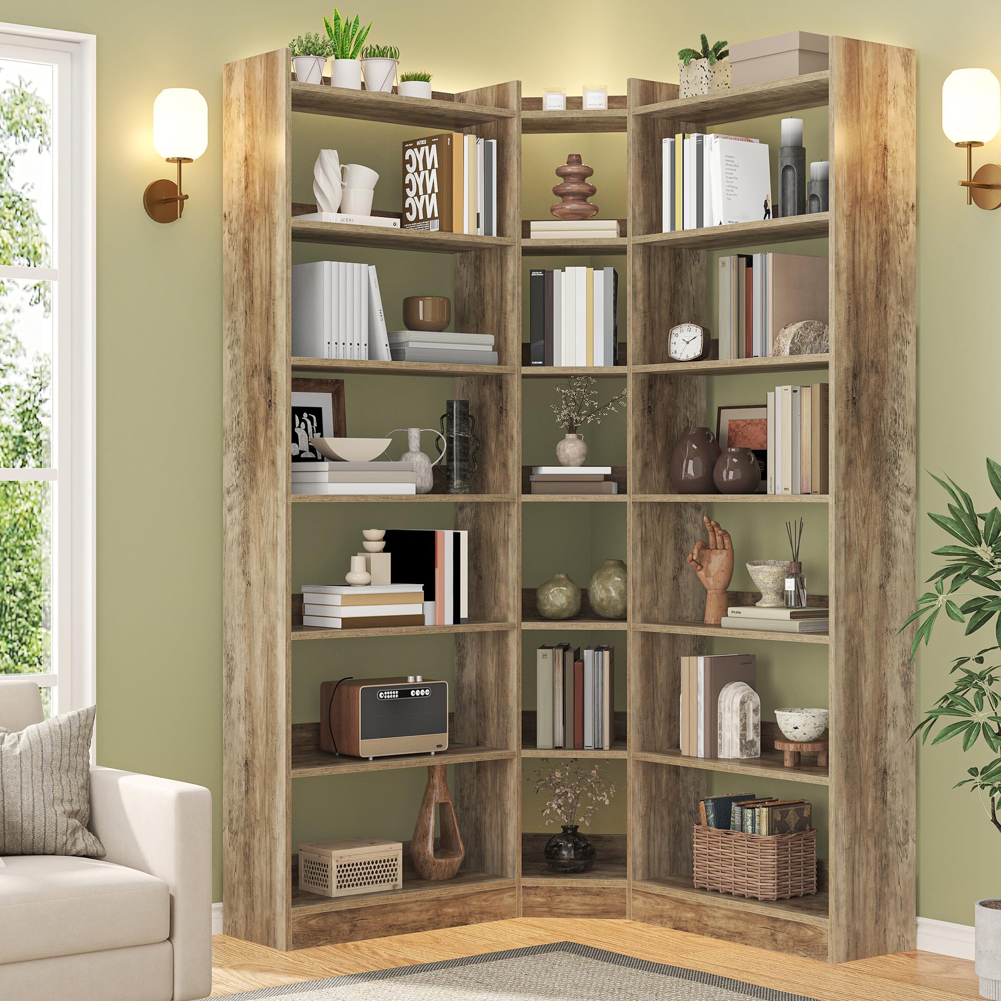 Semoic 70.8" Tall Corner Bookshelf, 7 Tiers Large Etagere Bookcases with Baffles, L-Shaped Modern Storage Display Rack Industrial Bookshelves for