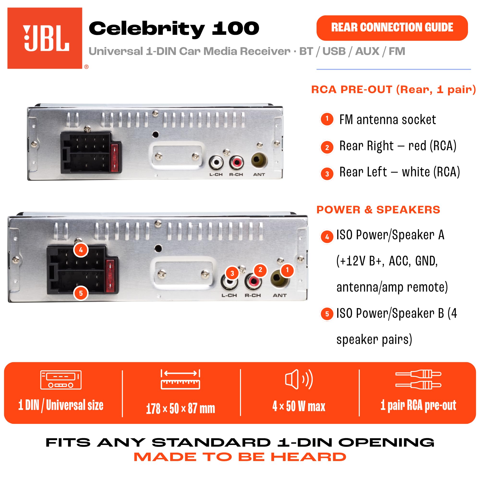JBL Autoradio Bluetooth Voiture Celebrity 100 par Harman Kardon, Poste Radio 1 DIN, 4x50W, FM, Streaming Bluetooth, kit Main Libre Voiture, écran Amovible, USB, SD et AUX