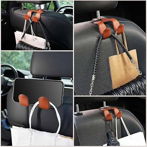 Miniatura 11 de LivTee Gancho de cuero mejorado para reposacabezas de asiento de automóvil, 2 en 1, organizador de ganchos de asiento de automóvil, accesorios Negro