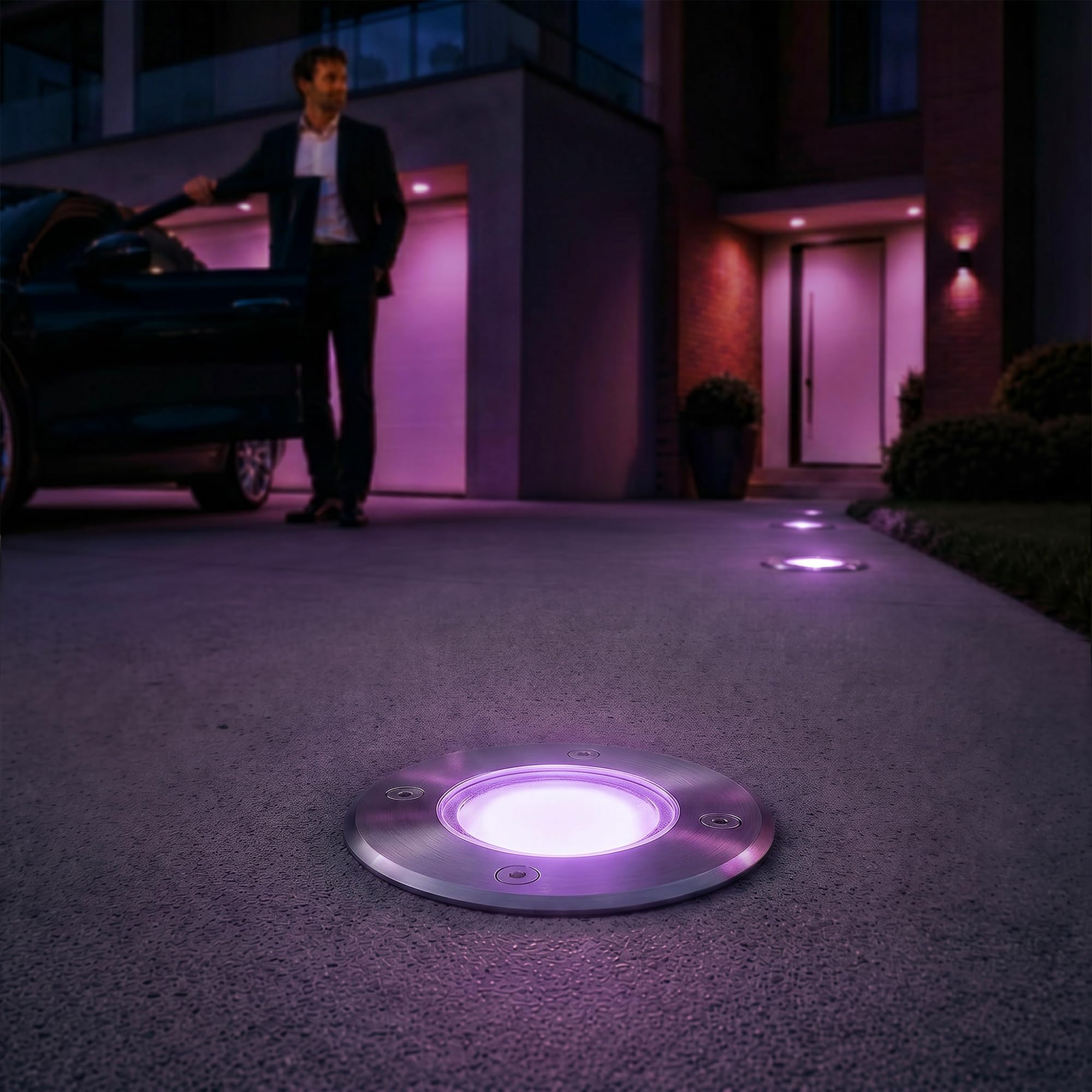 SSC-LUXon KALPA Bodeneinbaustrahler 6er Set silber Smart GU10 WLAN RGBW | Sechs befahrbare Erdstrahler bis 2000kg - per App & Alexa steuerbar, RGB-Farblicht, reihenschaltbar, IP67, inkl. GU10 LED