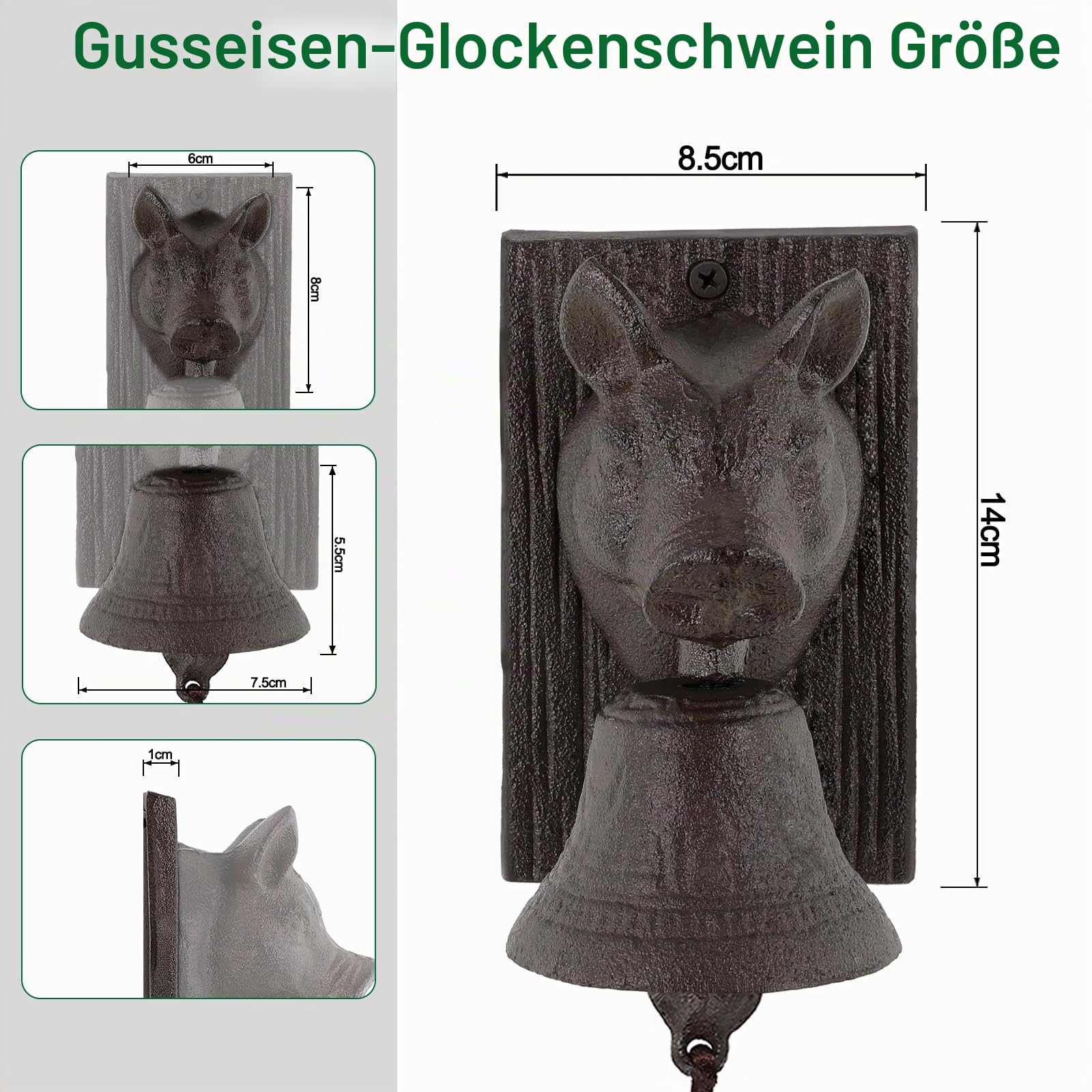 Retro Gusseisen Metall Außendekoration für Bauernhof, Schweinekopf-förmige Dekoration, Hängeglocke für Hof oder Garten, dekorative Türglocke für Wand