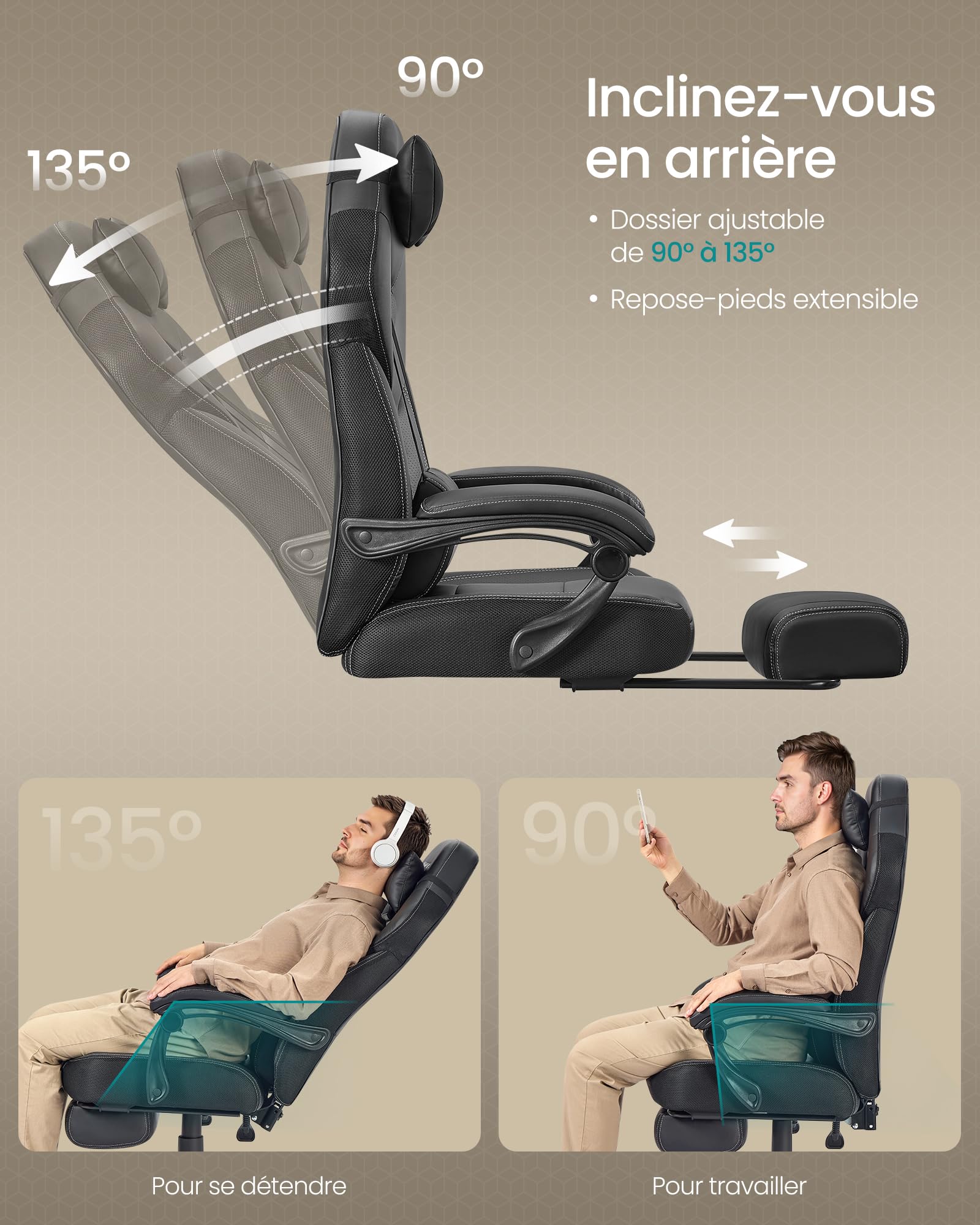 SONGMICS Chaise de Jeu, Chaise d'Ordinateur, Ergonomique, avec Repose-Pieds, Coussin de Tête Ajustable, Support Lombaire, Capacité de Charge de 150 kg, Noir OBG077B01