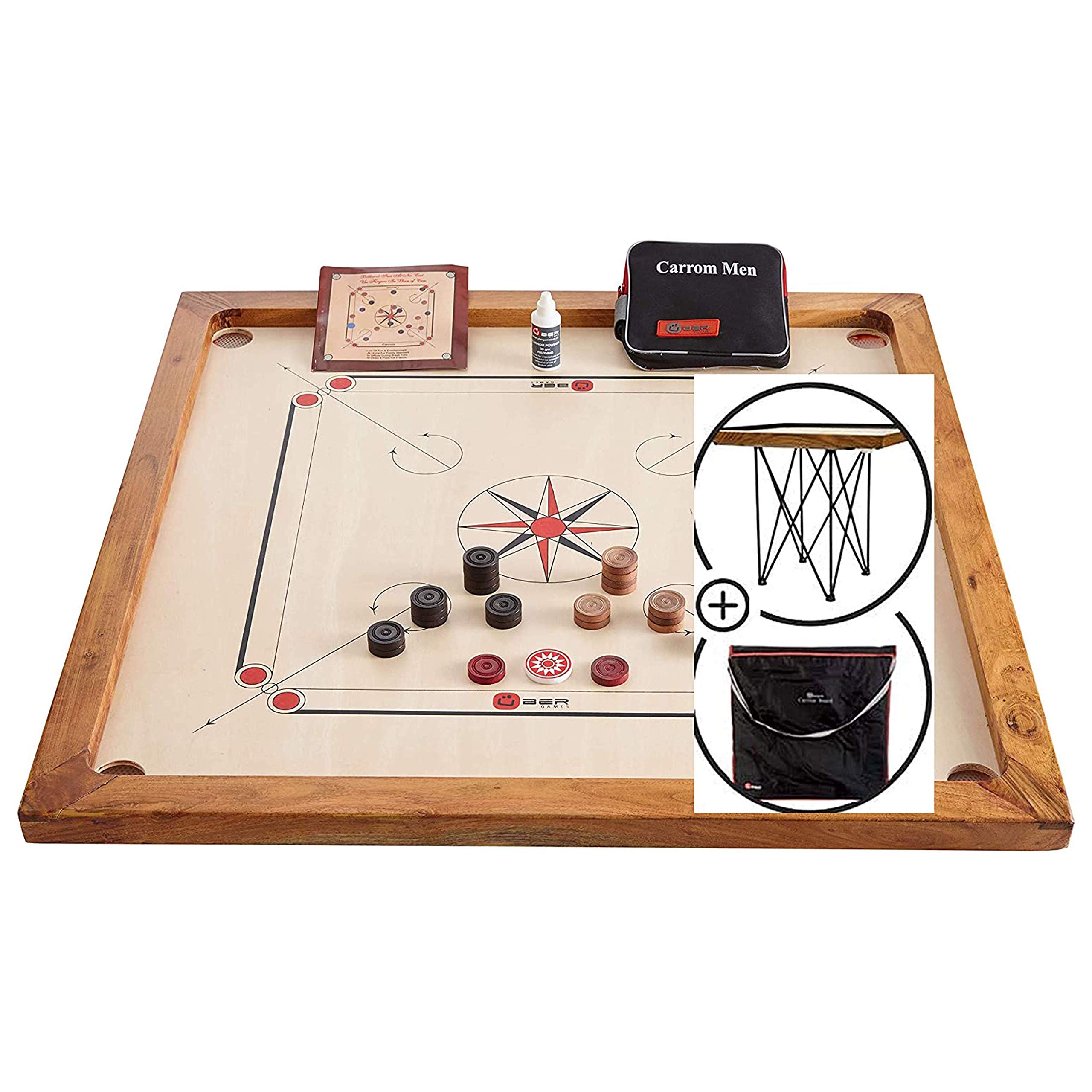 Ubergames Carrom Board Set ufficiale da 7 kg – Legno duro ecologico – Kit completo con dischi ufficiali (Carrom con tavoli e borsa) – India originale per 2-4 giocatori a partire da 8 anni