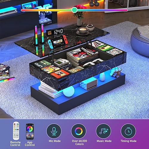 Miniatura 6 de 47.2" Mesa auxiliar grande con superficie de elevación, mesa de centro moderna con acabado brillante y compartimento de almacenamiento oculto, mesas