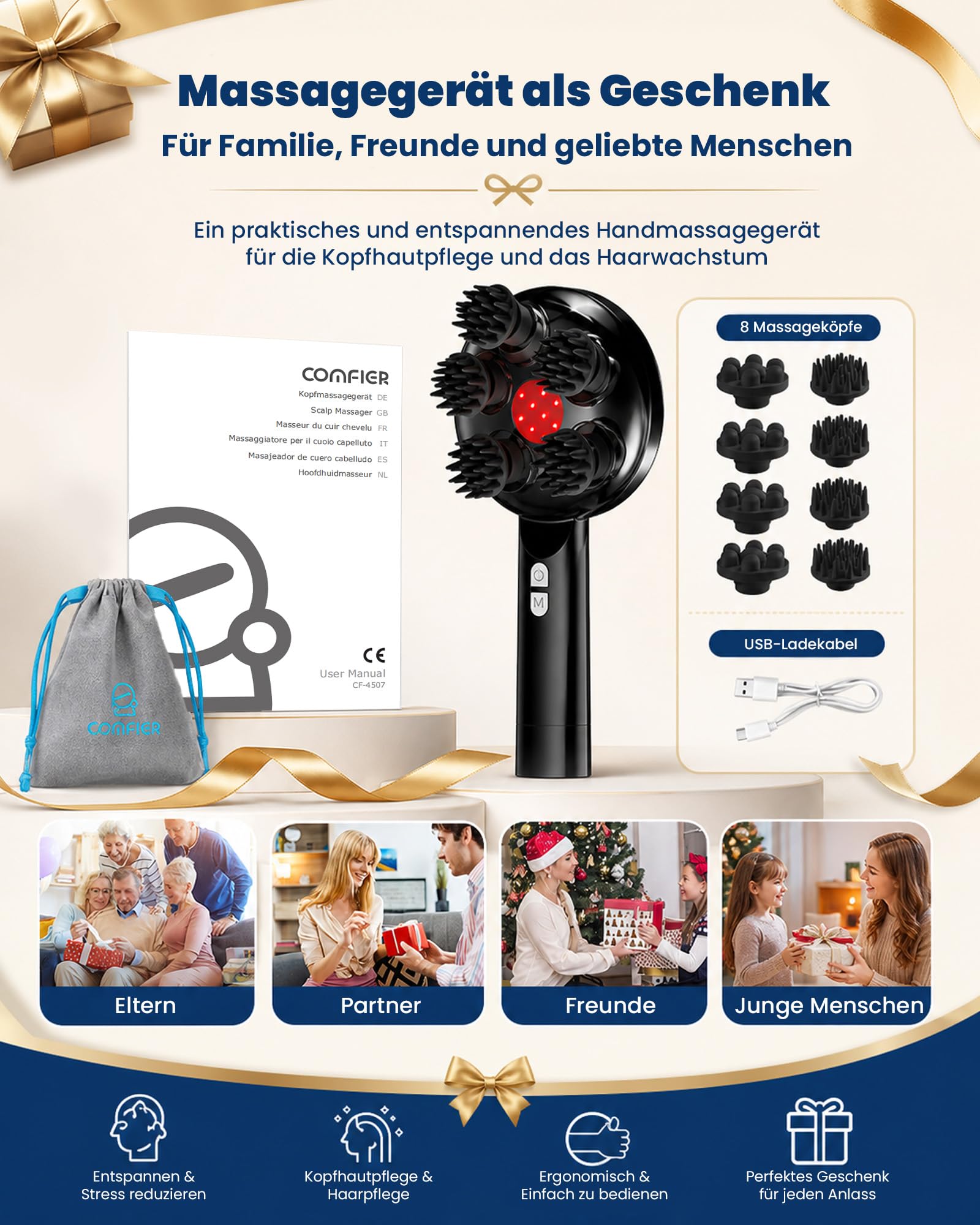 COMFIER Handheld Kabelloses Kopfmassagegerät, Elektrisches Kopfhaut-Massagegerät mit 3 Modi, 8 Silikonköpfen, IPX7 wasserdicht, zur Haarwachstumsförderung & Entspannung, Schwarz