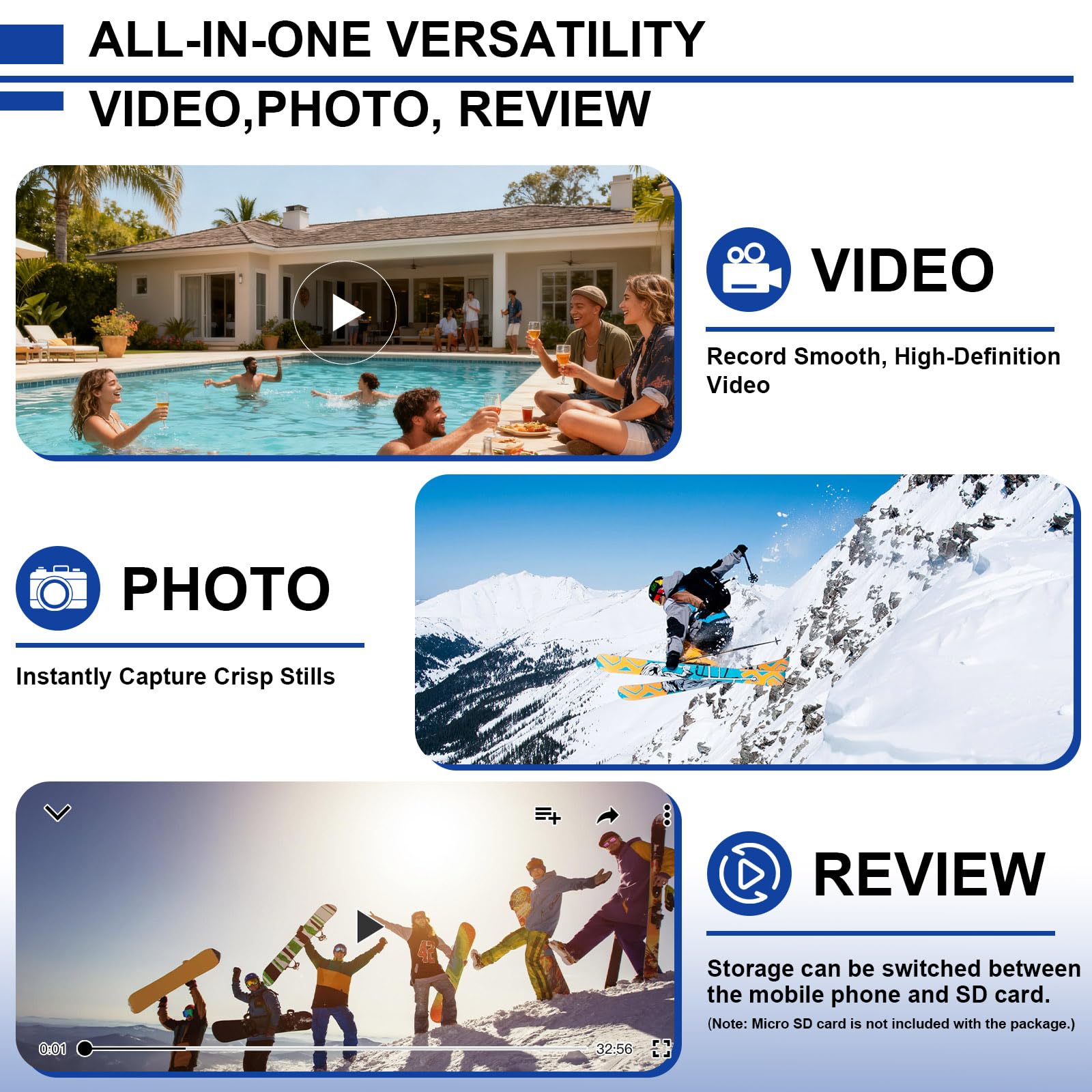 Caméra de sport 1080p HD portable mains libres POV avec boîtier étanche et support magnétique mains libres Mini caméras corporelles pour vlogging moto, cyclisme, voyage, pêche, promenade d'animaux