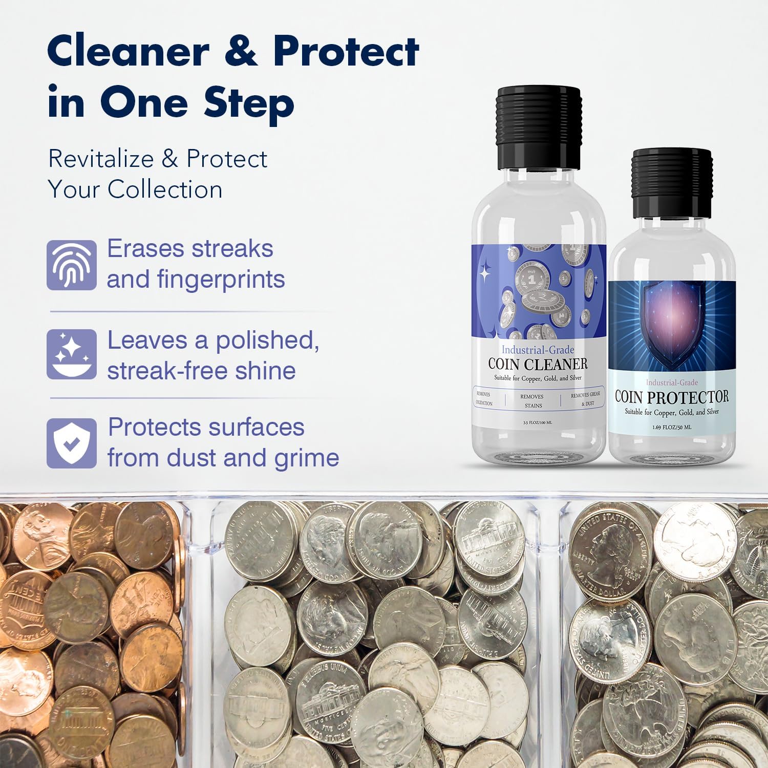 2Pcs Coin Cleaner and Protector Kit, Coin Cleaner for Collectors, Instant Sterling Silver Cleaner, Copper and Gold Cleaner, Grime and Tarnish Remover, Coin Cleaner Solution for All Coins - 3.5 oz