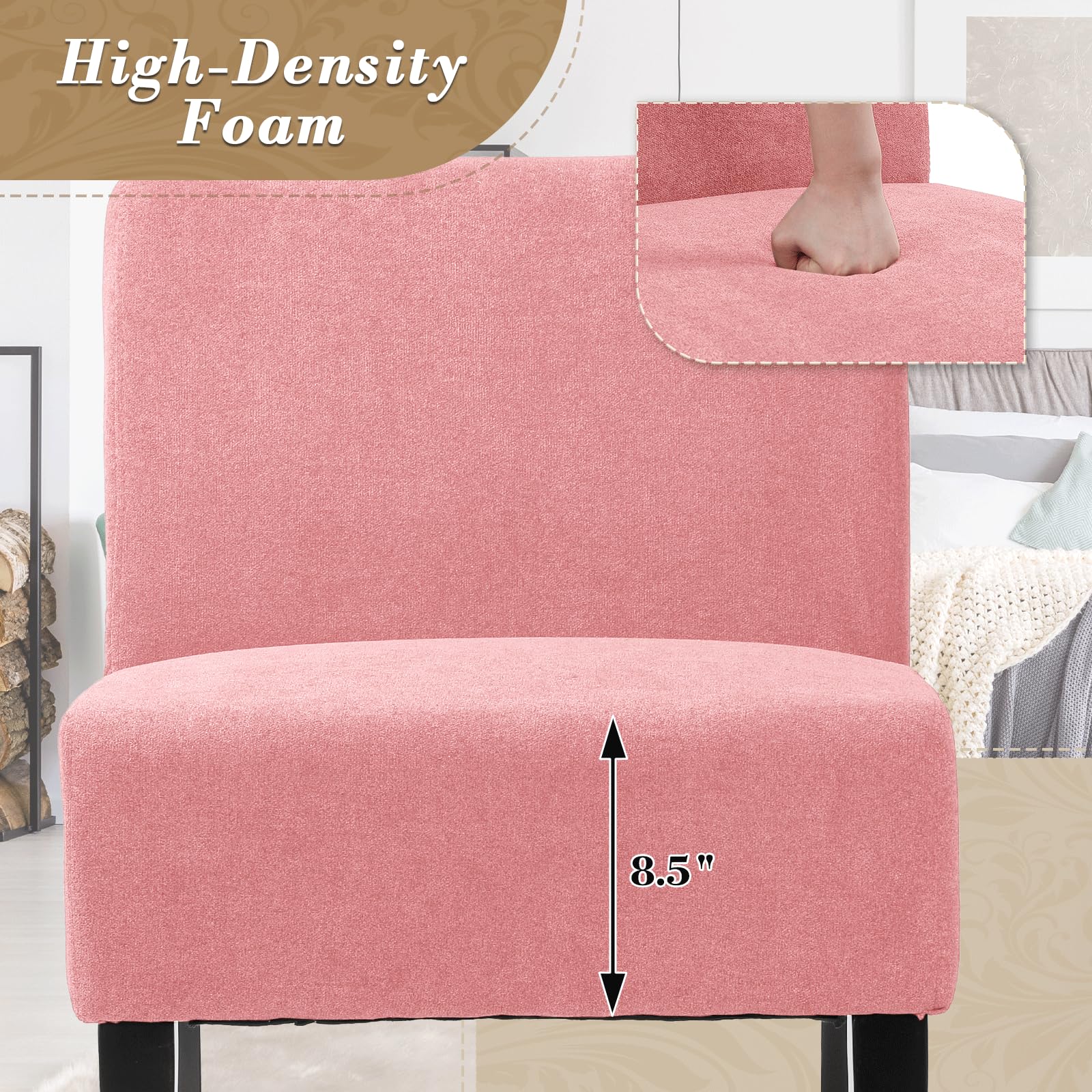 Athena Collection Armless Accent Chairs (Set Of 2) - Pink Linen Upholstered Slipper Chairs With Wood Legs