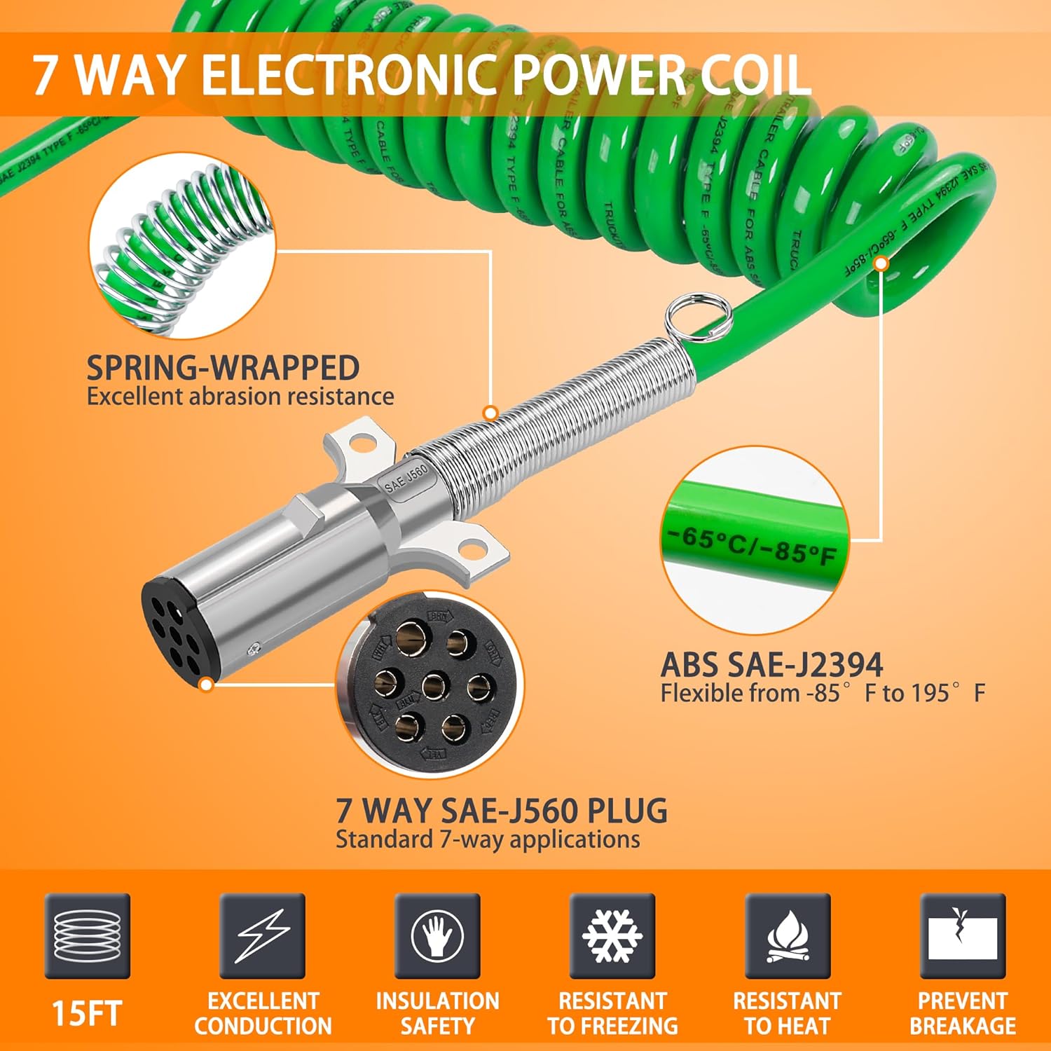 Air Brake Coil & 7 Way ABS Power Cable, DAZAKOOT Air Brake Coiled Assembly Kit with 7-Way ABS Coil, 15FT Long with 40" Lead