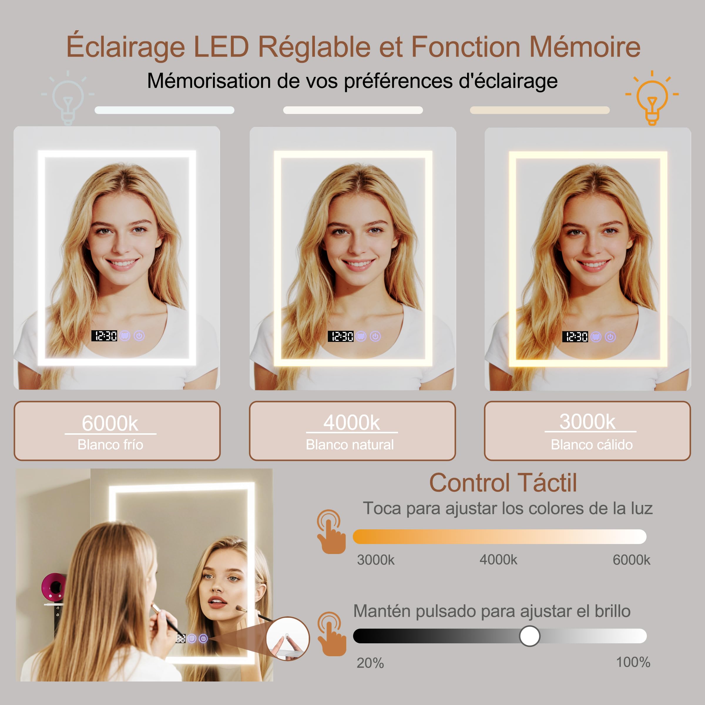 Armario Baño con Espejo LED iluminación y Función de desempañadora Armario Baño Espejo de Pared con reloj y pantalla de temperatura, Enchufe,4 compartimentos y Soporte para secador de Pelo,47x80x16cm