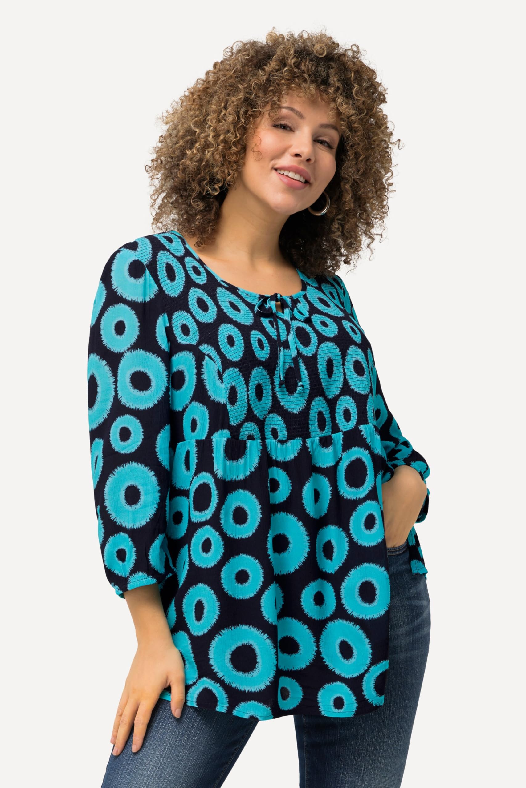 Ulla Popken Damen große Größen Übergrößen Plus Size Smokbluse, Kreise, A-Linie, Rundhals, 3/4-Arm 829086