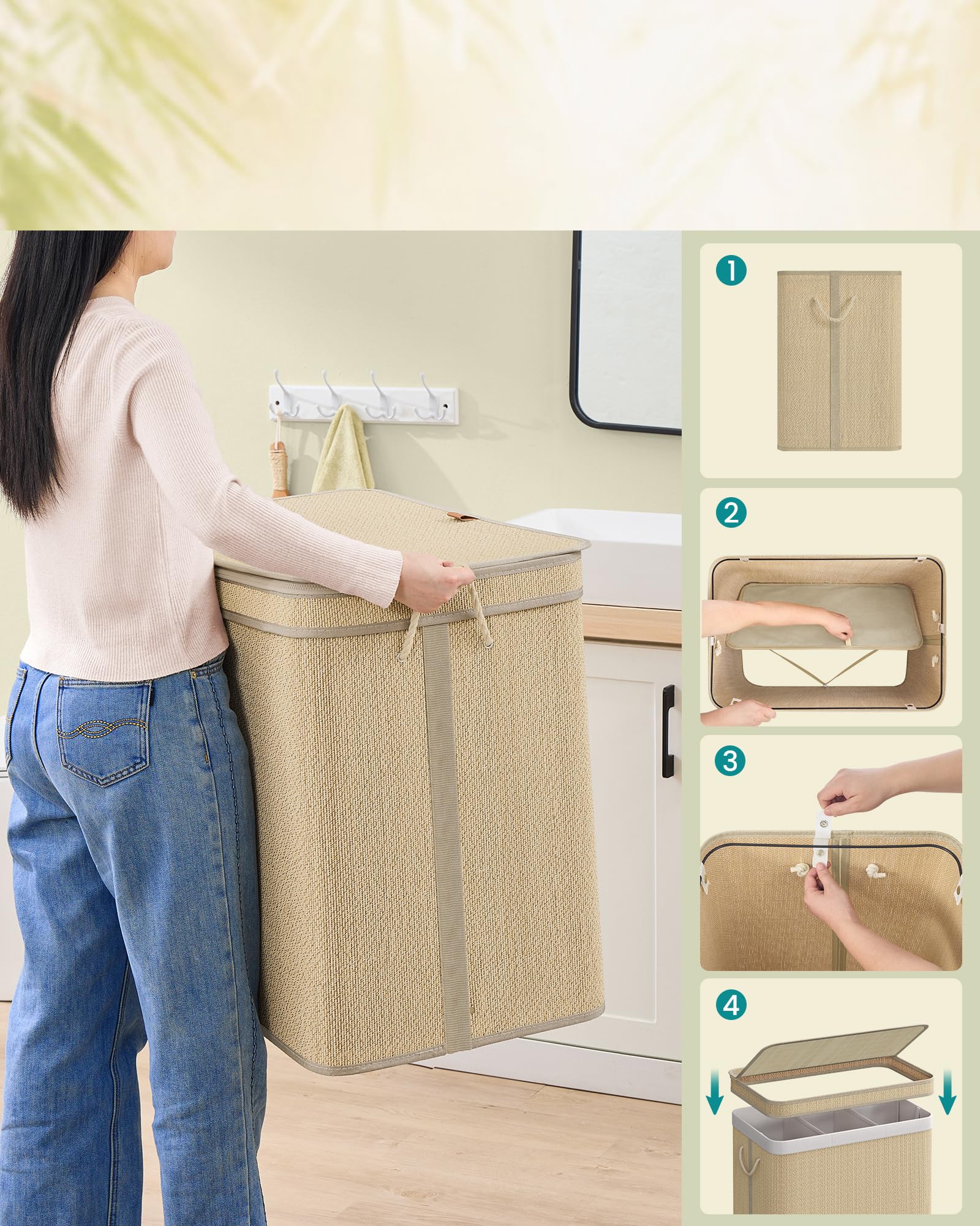 SONGMICS Wasmand met deksel, wasmand van bamboe, afneembare en machinewasbare waszak met handgrepen, 150 liter, voor wasruimte, slaapkamer, woonkamer, wolkwit LCB062W01