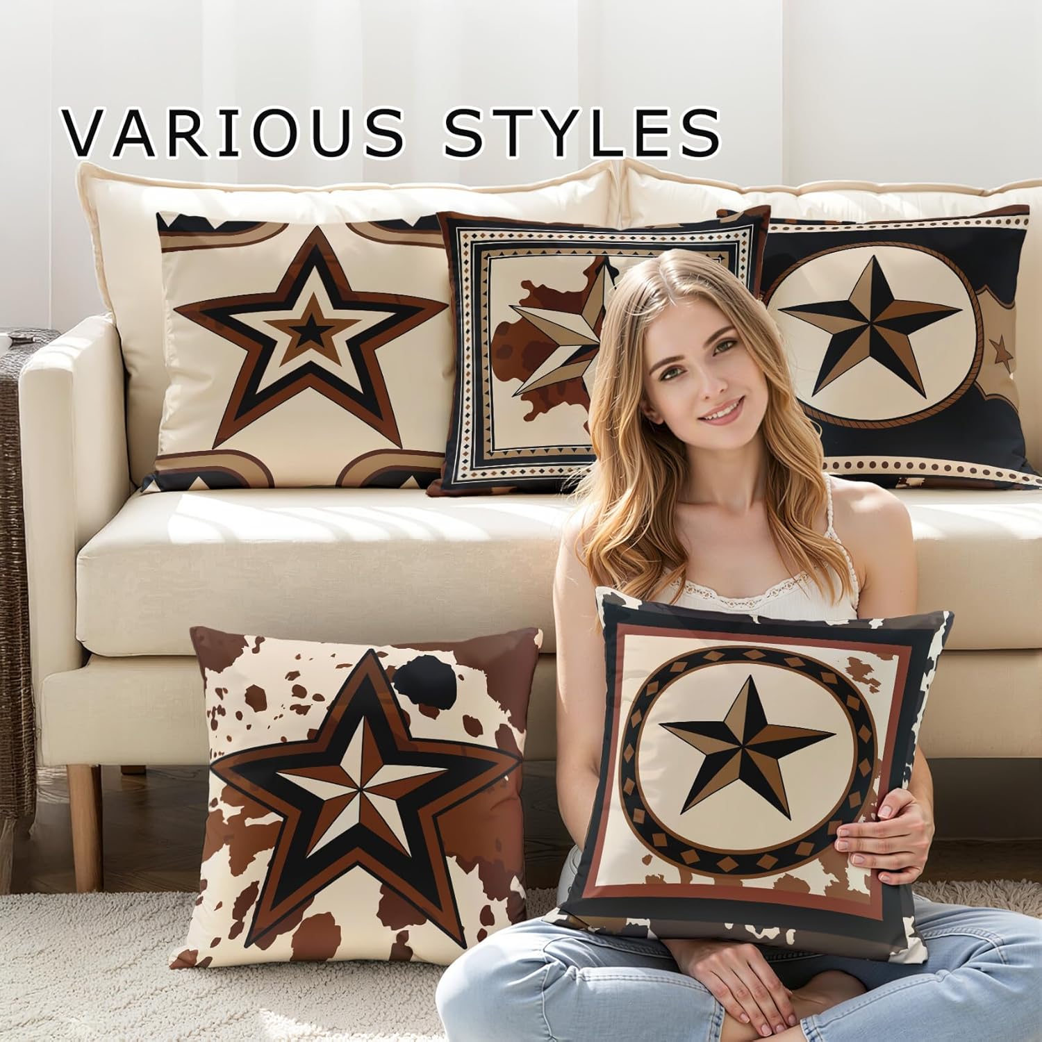 Texas Star Throw Pillow Covers 18x18 - Western Cowboy Rustic Brown Pillow Cases Set of 2 Double Sided Print, Soft Sofa Pillowcases for Living Room Decor