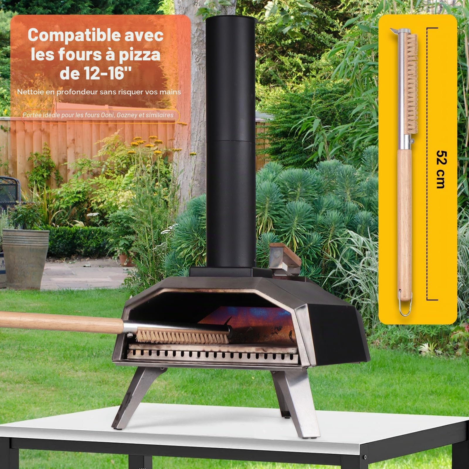 Brosse de four à pizza avec grattoir 52 cm Poils naturels pour nettoyer la pierre à pizza Manche en bois