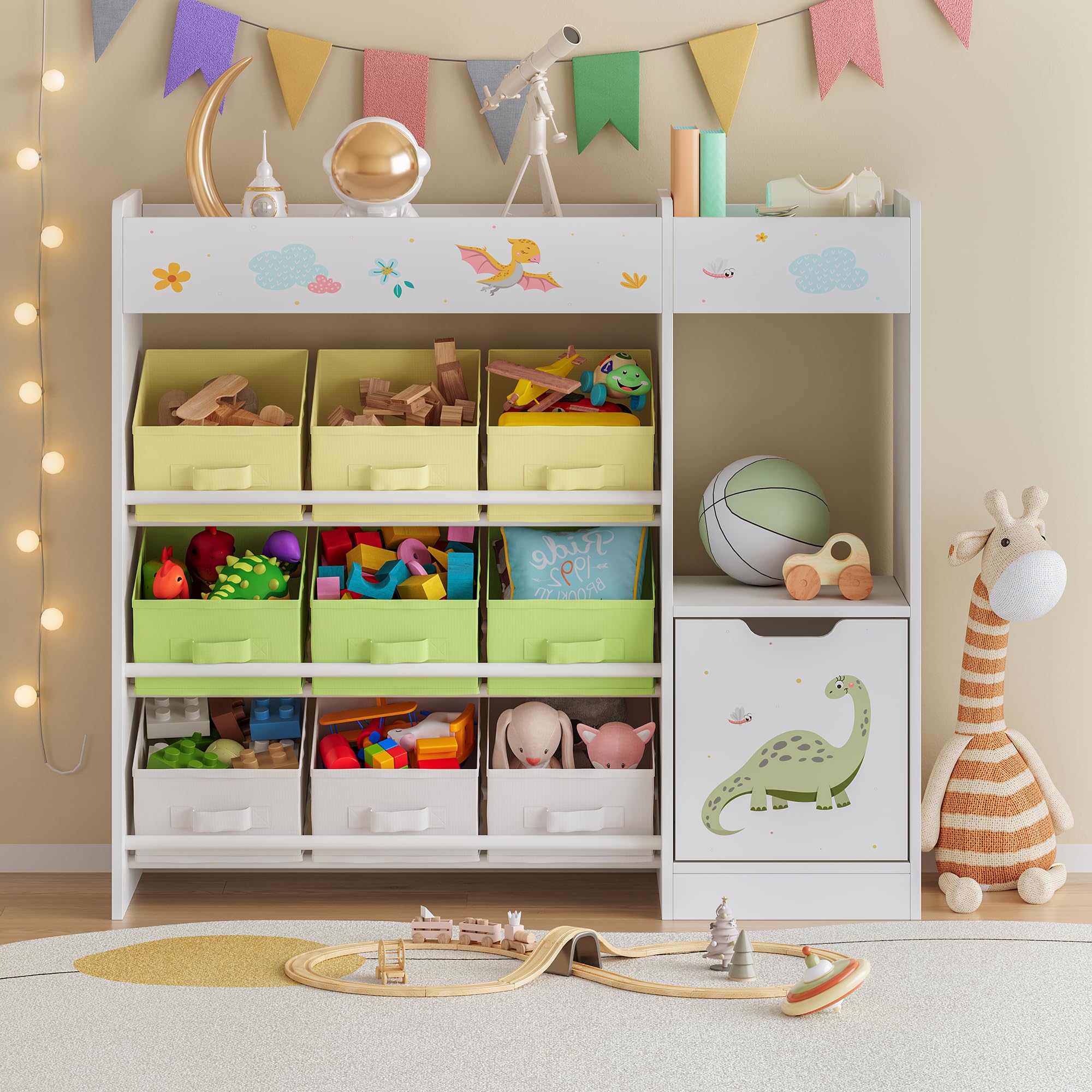 [en.casa] Kinderregal Søndreland Bücherregal für Kinder mit 9 Aufbewahrungsboxen Spielzeugregal mit Schrank 80 x 90 x 30 cm Spielzeug Aufbewahrung Dinosaurier Motiv