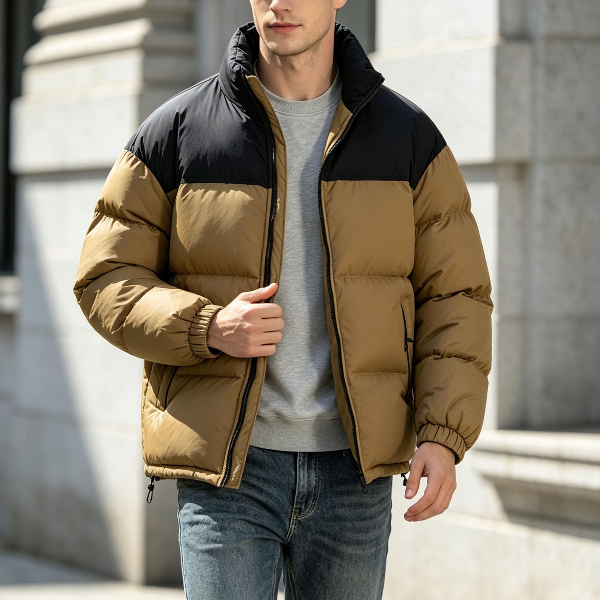 Herren-Winterjacke mit Stehkragen, lockere warme Jacke mit Farbblockierung