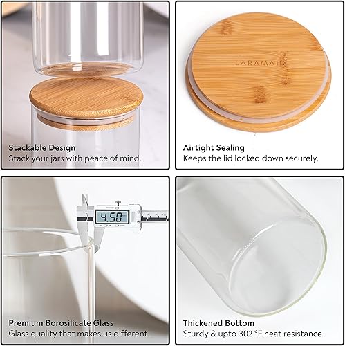 Miniatura 6 de Laramaid Juego de 3 tarros de vidrio de 71 onzas, tarros redondos de despensa con tapas de bambú, etiquetas negras y bolígrafo blanco, recipientes