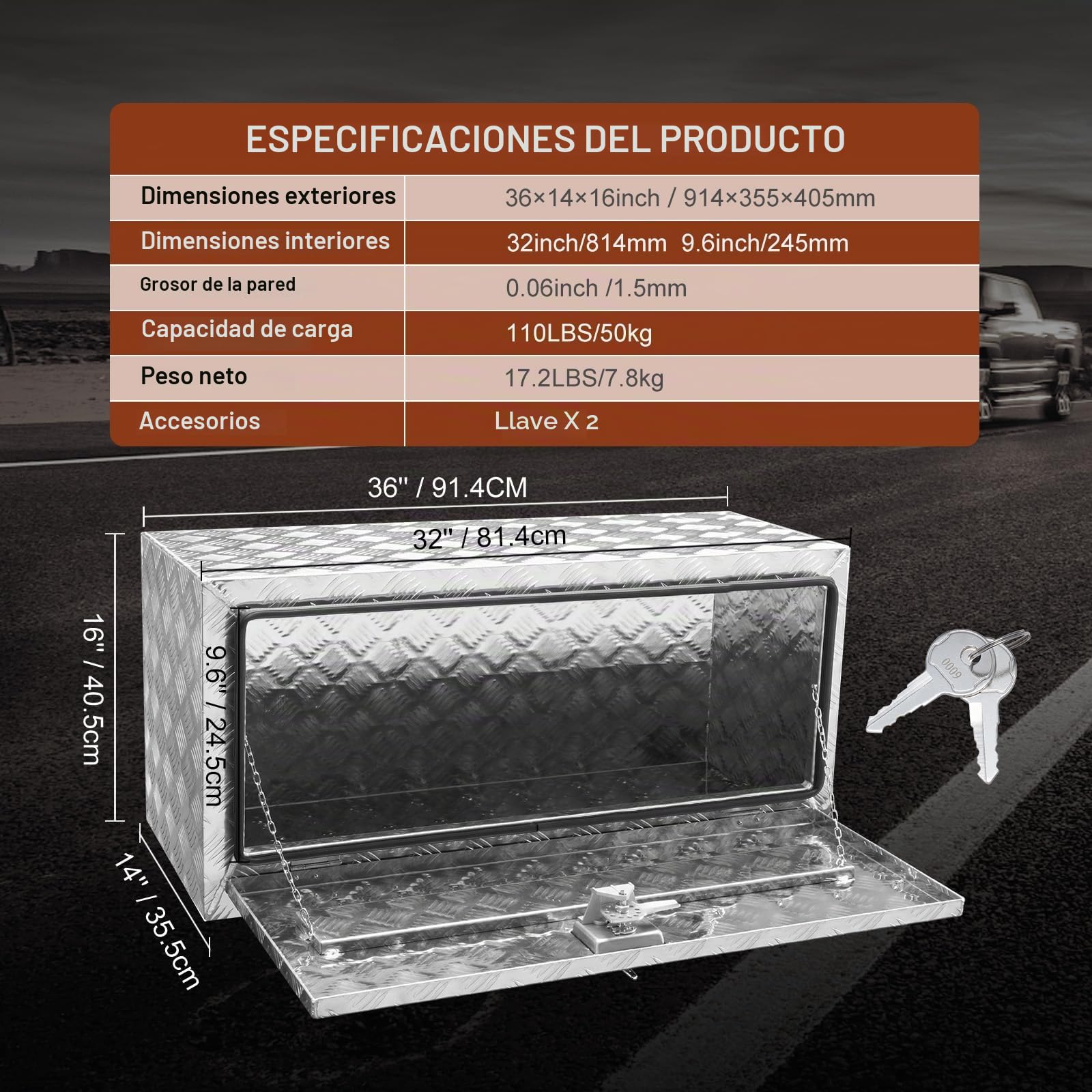 VEVOR Caja de Herramientas para Camión 91,4x35,5x40,5 cm Caja de Bastidor Inferior Caja de Almacenamiento de Aleación de Aluminio Montaje Inferior con Cerradura y Llaves para Remolques, Camionetas