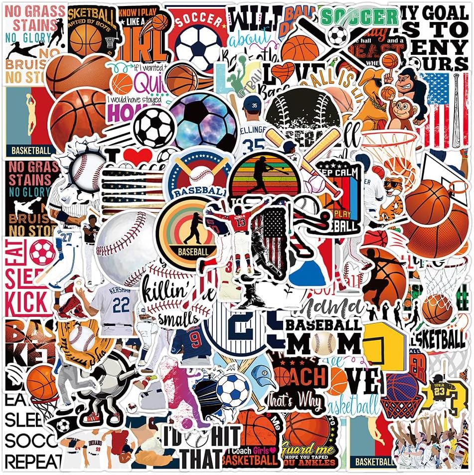 200PCS Sports Stickers Ball Stickers Basketball Baseball Softball Soccer Stickers Kids Teens Waterproof Vinyl Stickers for Water Bottles Wall Scrapbooking Laptop Sport Theme Decorations