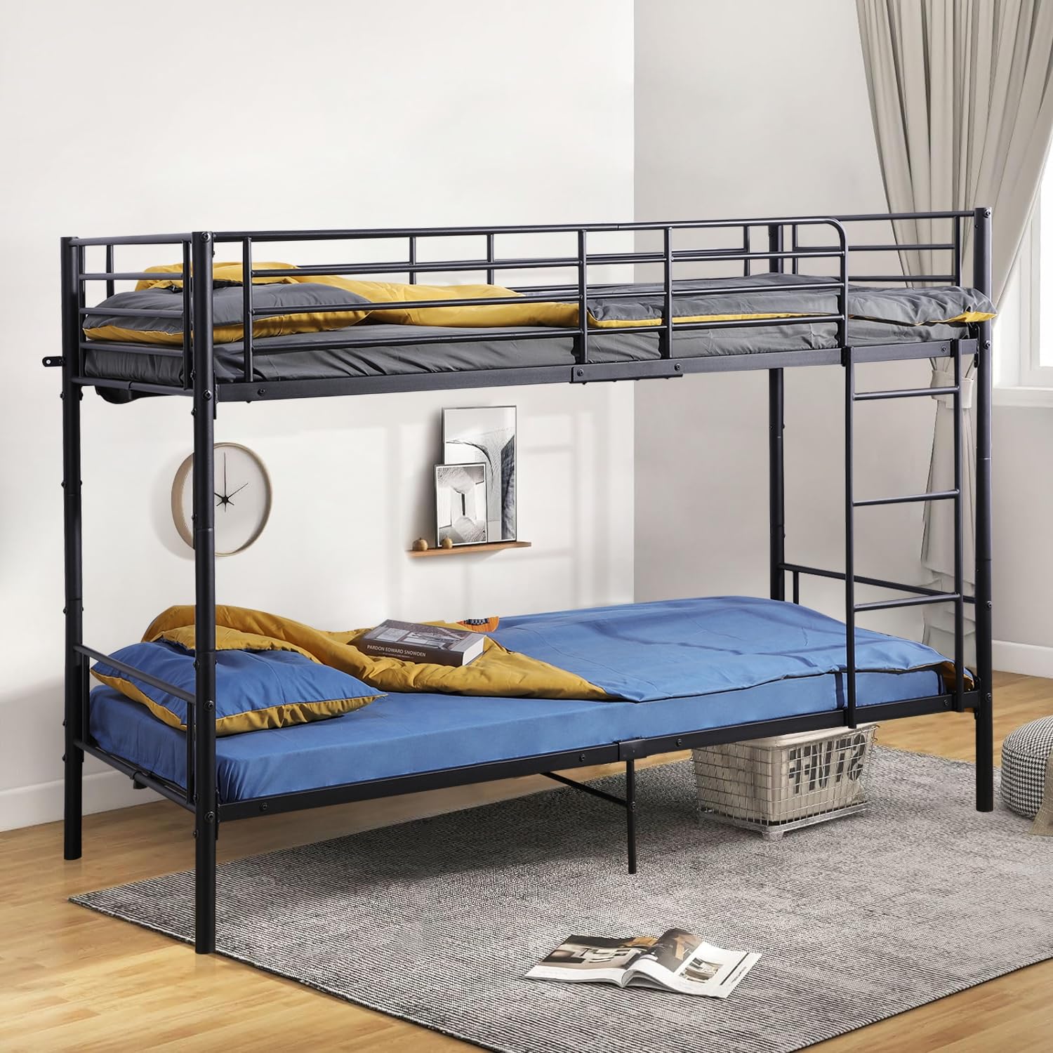Literas para Niños, Juveniles y Adultos, Estructura Metálica con Escalera y Barandillas, Convertibles en Camas Gemelas, 90x200
