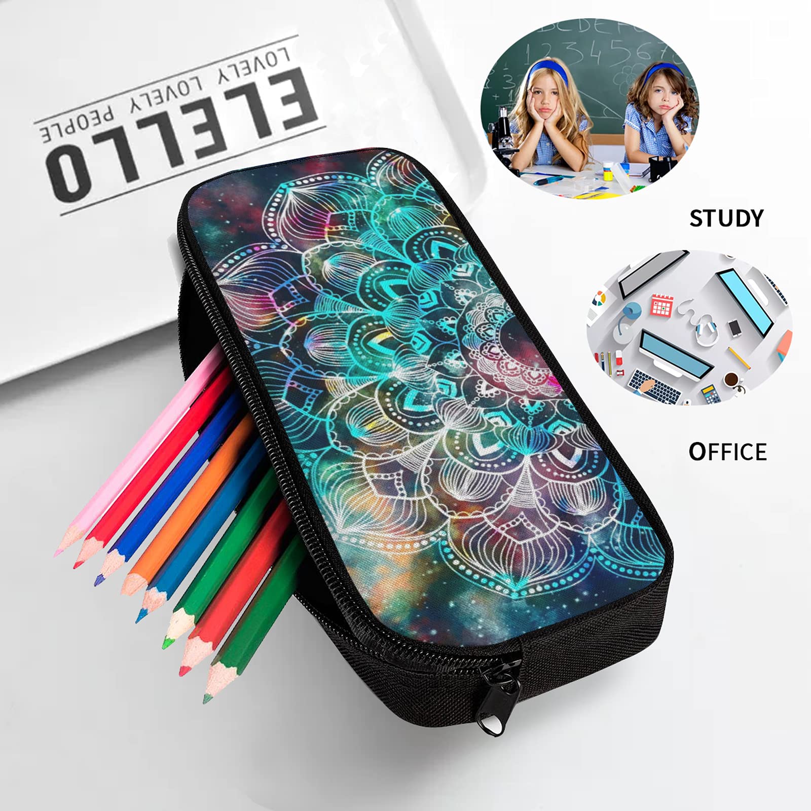 Juego de mochila escolar, diseño abstracto geométrico antiguo con campo de estrellas y colorido diseño gráfico de mandala de acuarela de galaxia, con bolsa de almuerzo y estuche para lápices, para