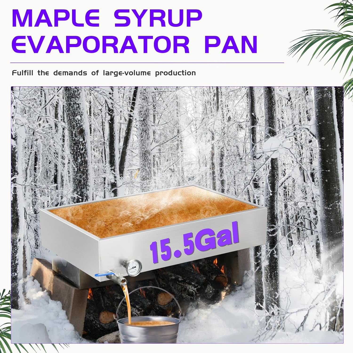 Maple Syrup Evaporator Pan, 30 x 20 x 6 Inch Maple Syrup Pan 15.5 Gal 304 Stainless Steel Maple Syrup Evaporator, Boiling Maple Syrup with Valve and Thermometer