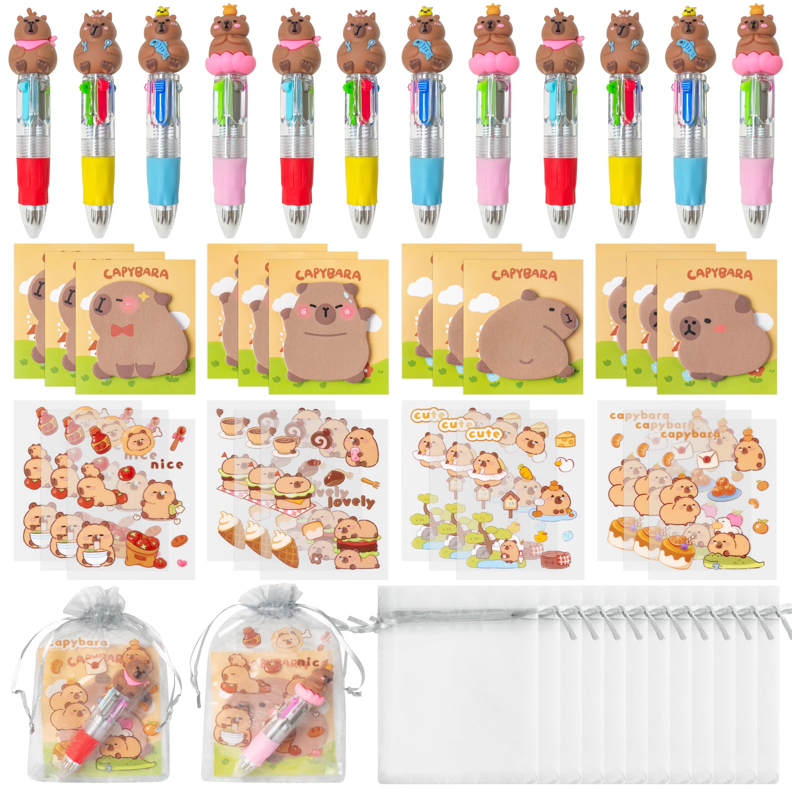 YINGENIVA Capy Stationery Party Gift - 12 Pack Fun Animal Prizes Set Include 4-in-1 Ballpoint Pens Sticky Note Sticker and Birthday Party Favors Goodie Bag Fillers Stuffer for School Rewards