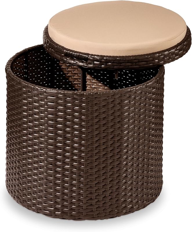 Best Choice Products Otomano redondo de mimbre, muebles de exterior multiusos para patio, patio trasero, asiento adicional, reposapiés, mesa auxiliar con almacenamiento, cojines extraíbles, marrón/beige