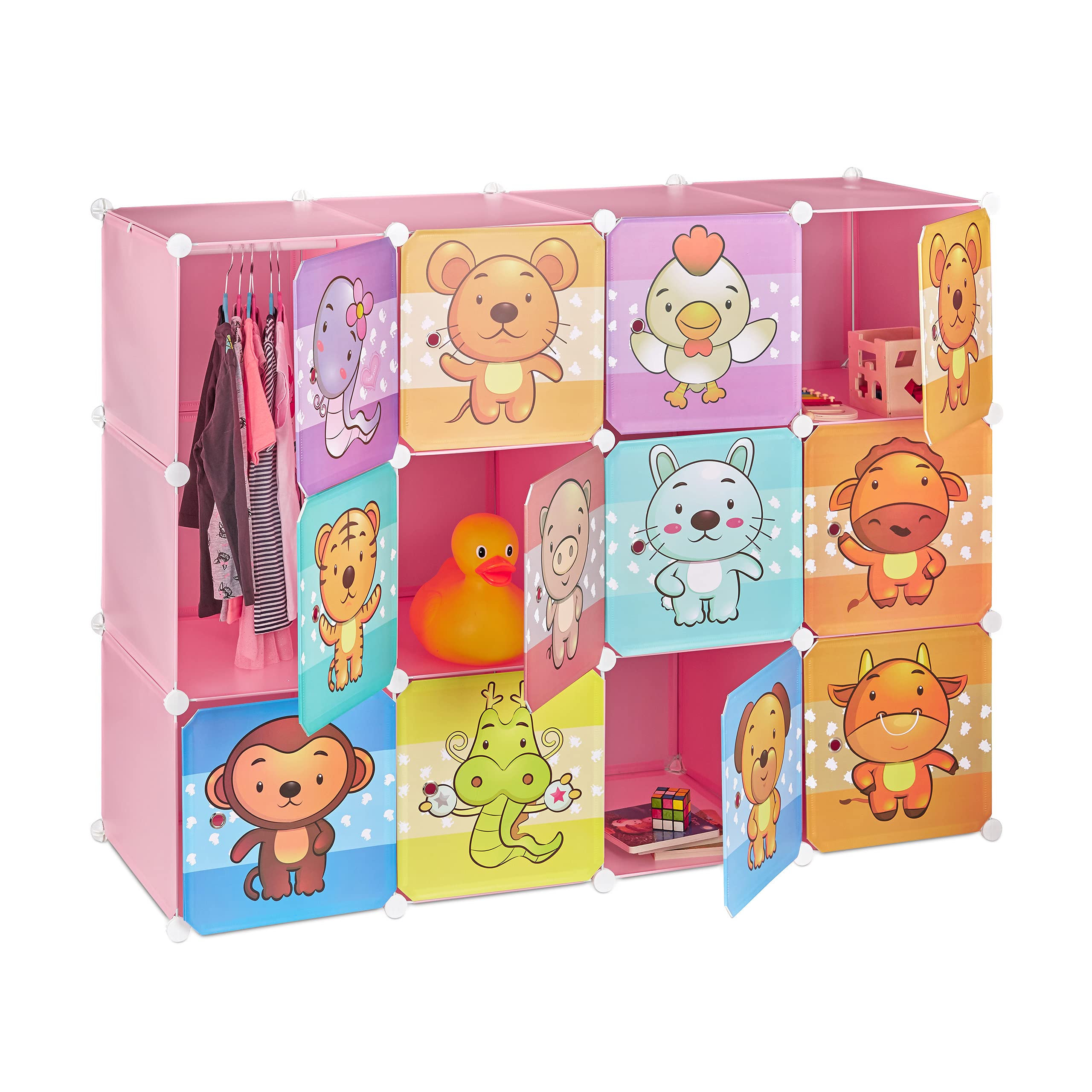 Étagère Rangement Enfants casier modulable Plastique Animaux penderie Armoire Portes Tringle, Bleu
