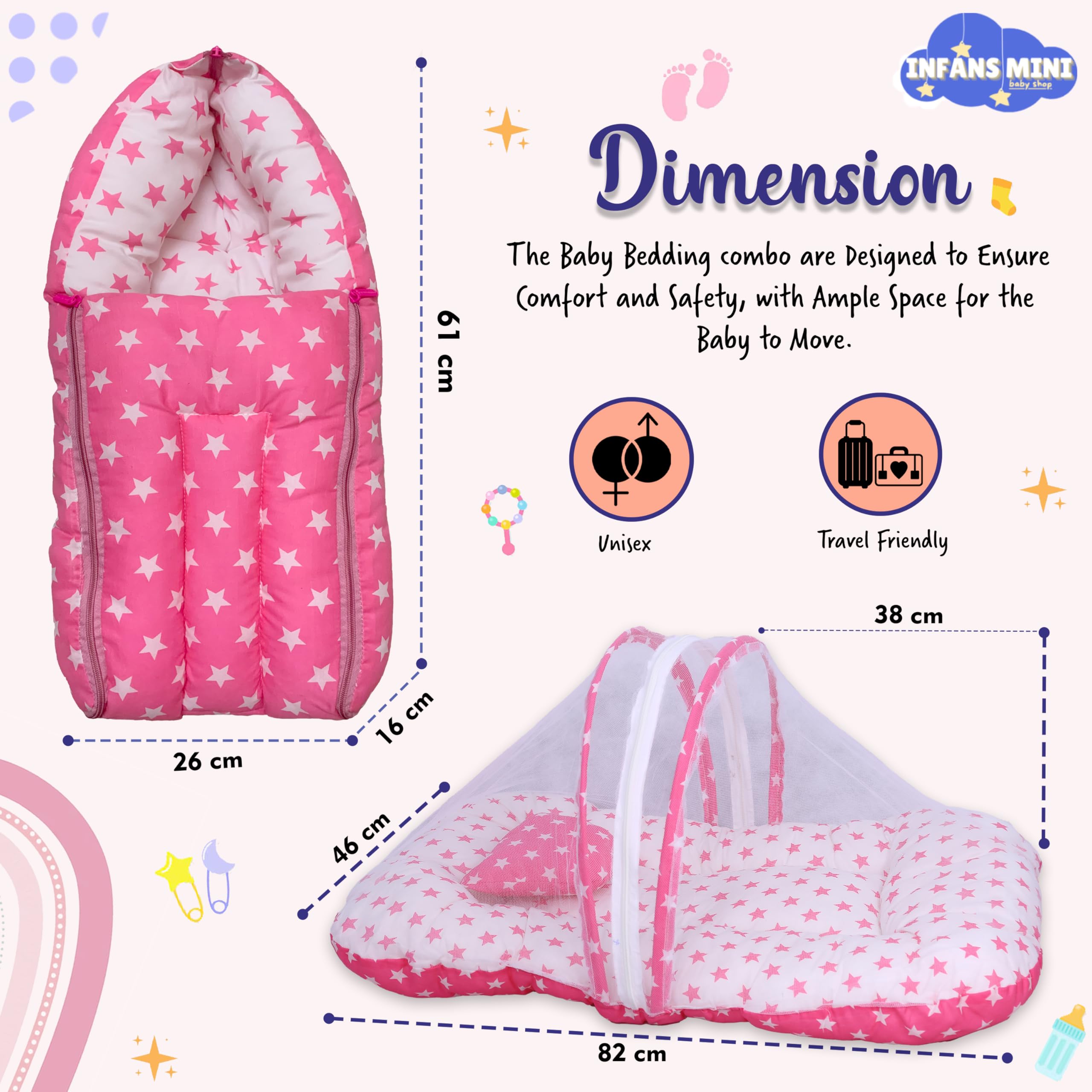 Infans Mini Cotton Baby Bedding Set for New Born Baby Sleeping Bag, Mosquito Net Bed Suitable Upto 6 Months Babies (Star Pink), 500 TC 3
