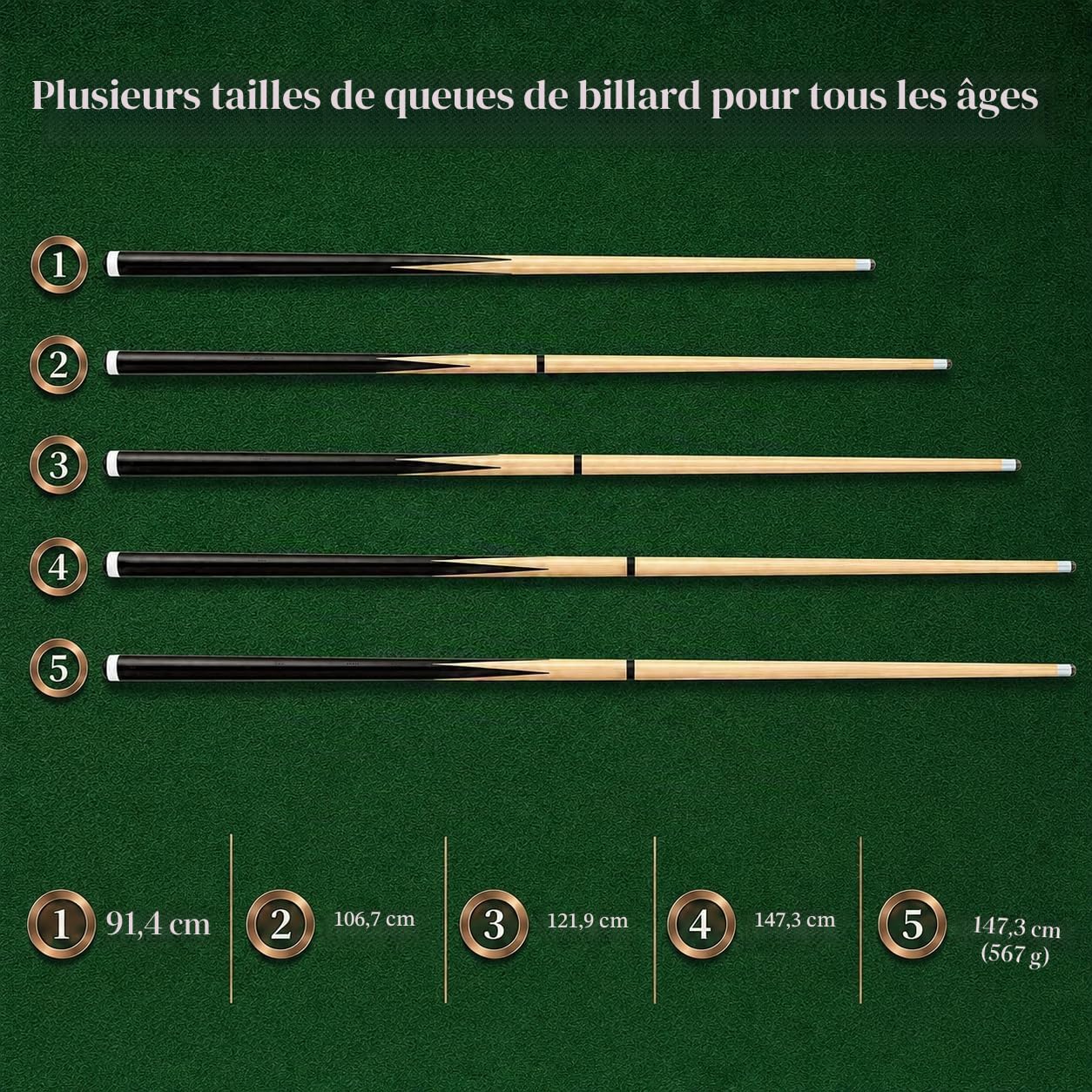 Queues de billard en bois de 91,4 cm/122,9 cm/147,7 cm - Bâtons de billard en bois dur - Pointes adhésives de 13 mm - Queues de billard