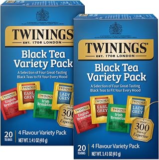 Twinings Black Tea Variety 2-Pack: Earl Grey, English Breakfast, Irish Breakfast & Lady Grey Tea Bags, 40 Count Total