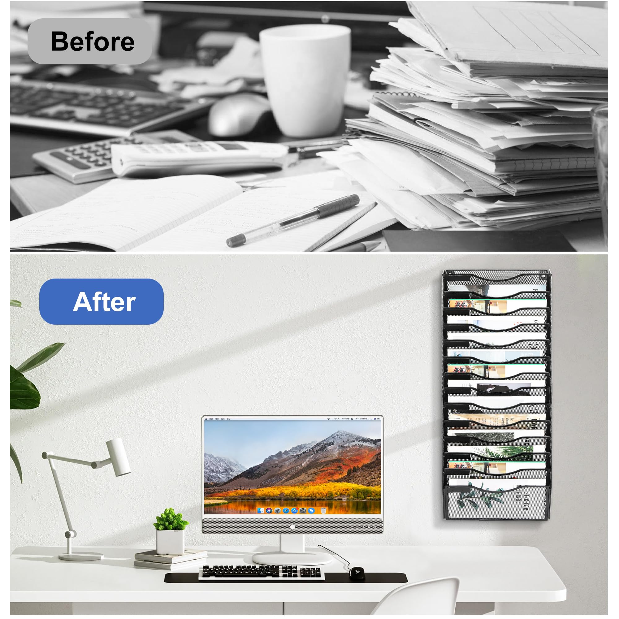 EasyPAG Organizer da parete con 14 tasche, nero | Porta documenti da parete in rete metallica | Organizer per posta da appendere | Etichette sostituibili | Ufficio casa formato lettera archiviazione