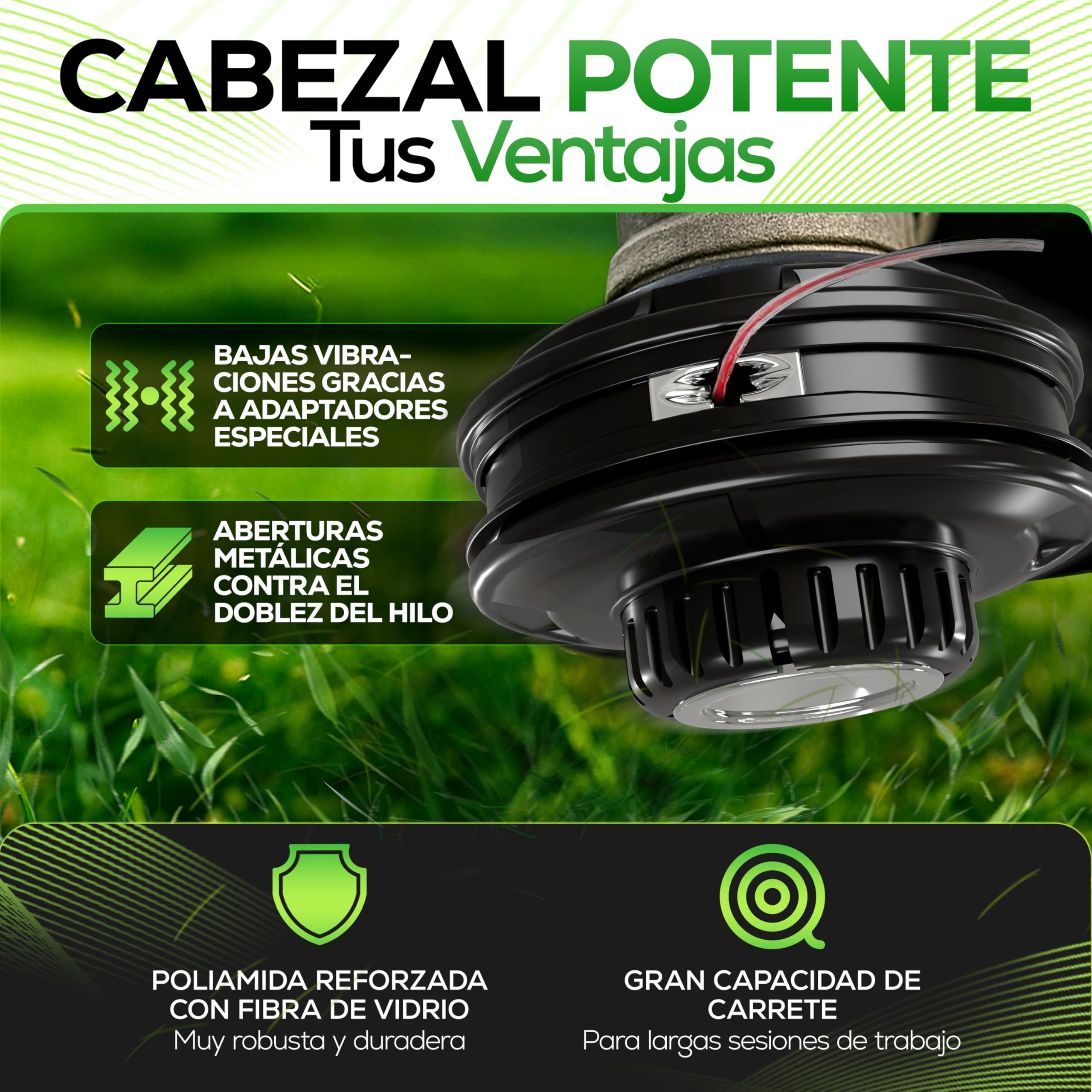 Heckenpracht® Cabezal de hilo para desbrozadora con pomo de acero, rosca izquierda, cabezal de recortador con función Tap & Go | Cortar el césped eficiente con cabezal de corte para desbrozadora