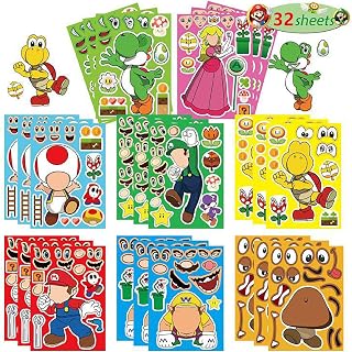 PEWOEY 32Pcs Mario Make a Face Stickers, Cartoon Book Crafts for Kids, DIY Party Supplies Favors Your Own Mixed and Matched with Different Designs Characters Birthday Gifts Class Reward Decor