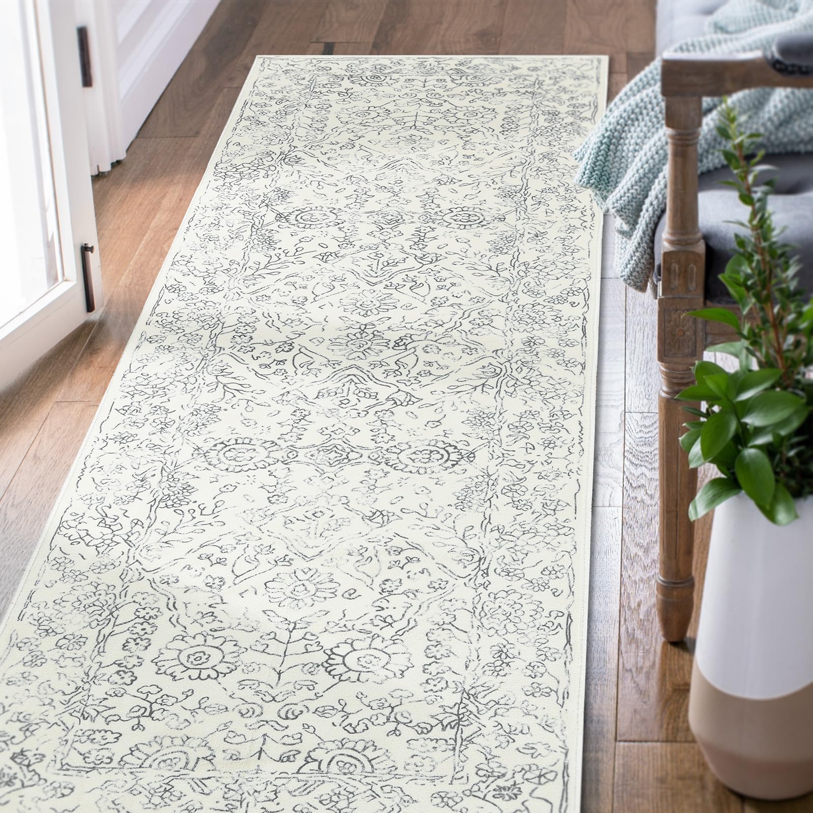 jinchan Runner Rug 3x8 Area Rug Grey On Cream Rug Vintage Floral Rug Indoor Soft Floor Cover Print Distressed Carpet Thin Rug Gray Rug Lightweight Kitchen Living Room Bedroom Dining Room Office